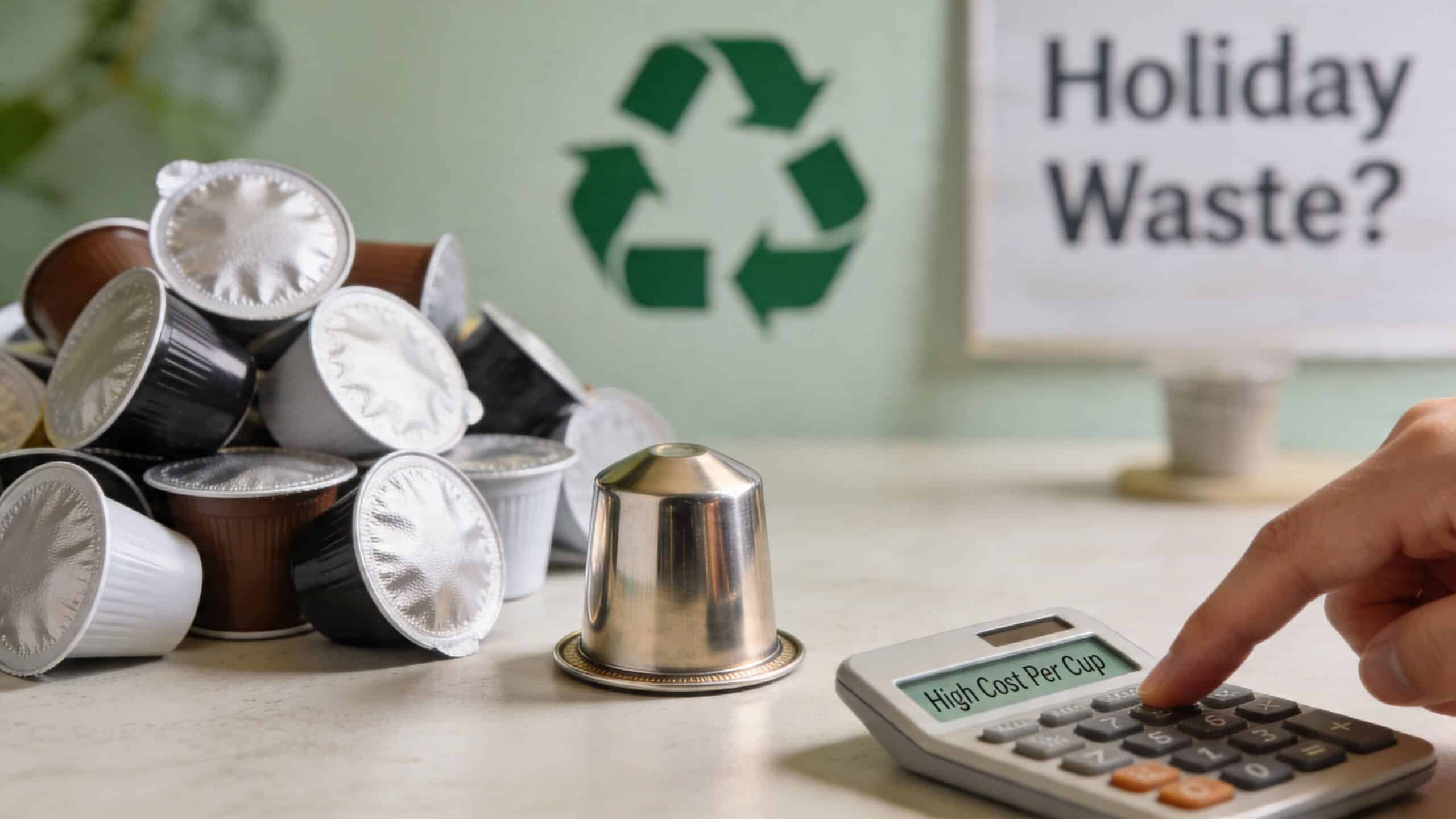 A hand calculates the high cost of coffee pods near a pile of single-use capsules.