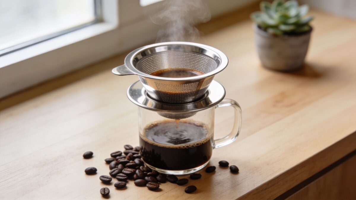 Pour-over coffee brewing with steam rising from a mug and coffee beans scattered on a wooden surface.