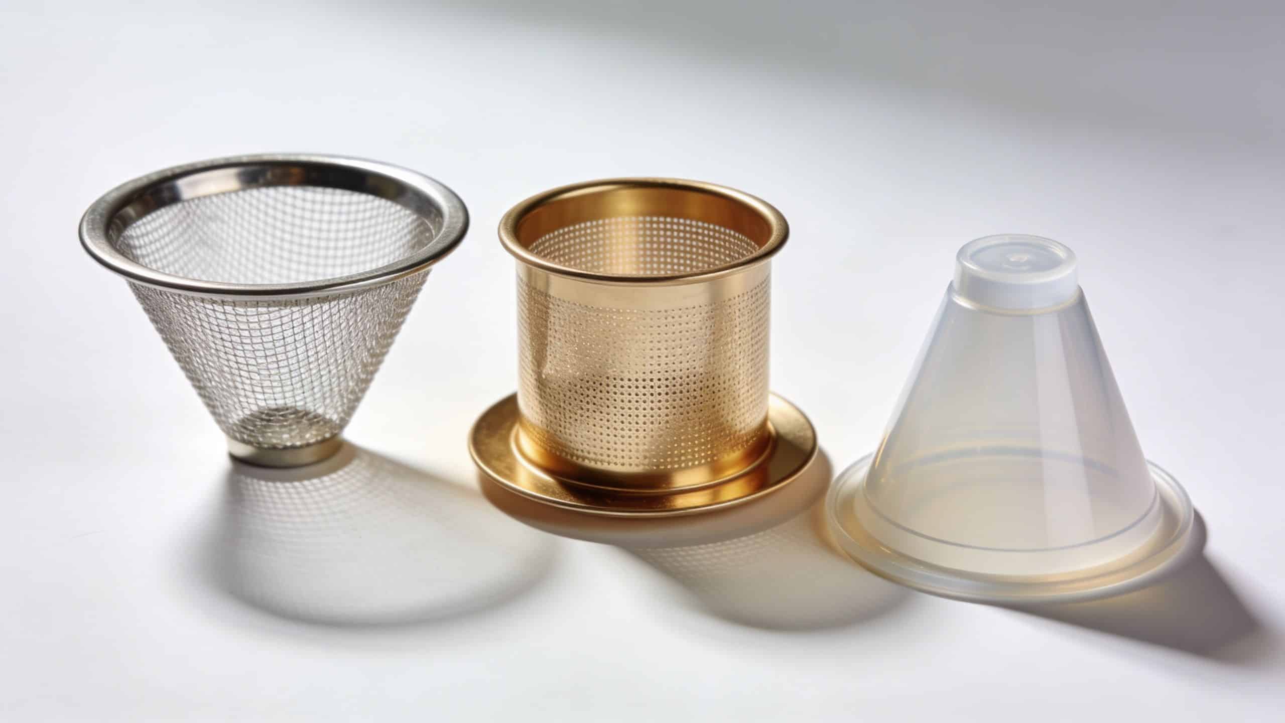 Three different reusable coffee filters including a metal mesh cone, gold basket, and translucent silicone cone.