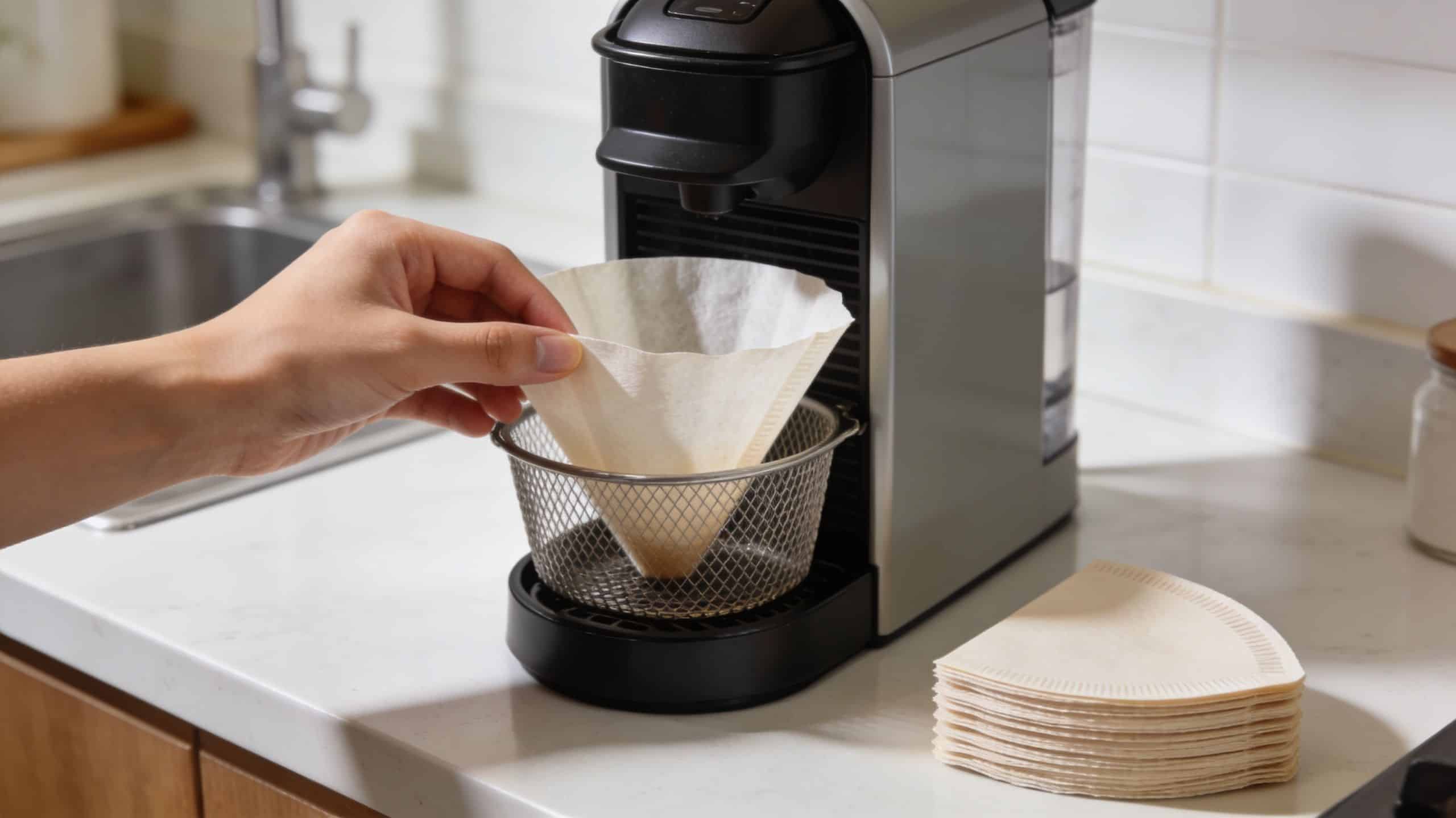 A person places a paper coffee filter into a metal mesh basket on a kitchen counter.