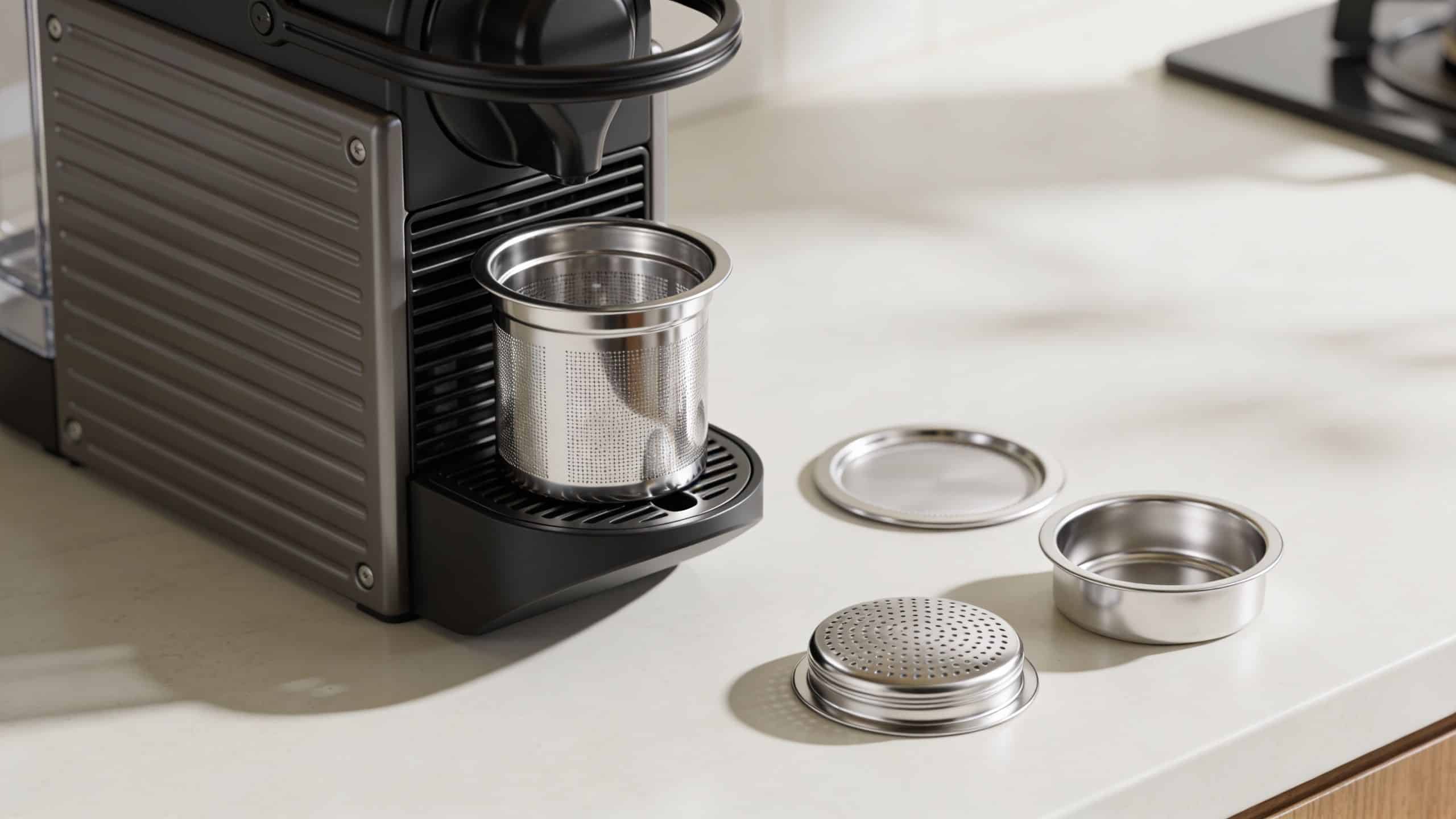 A modern espresso machine with a permanent steel coffee filter standing on a kitchen countertop.