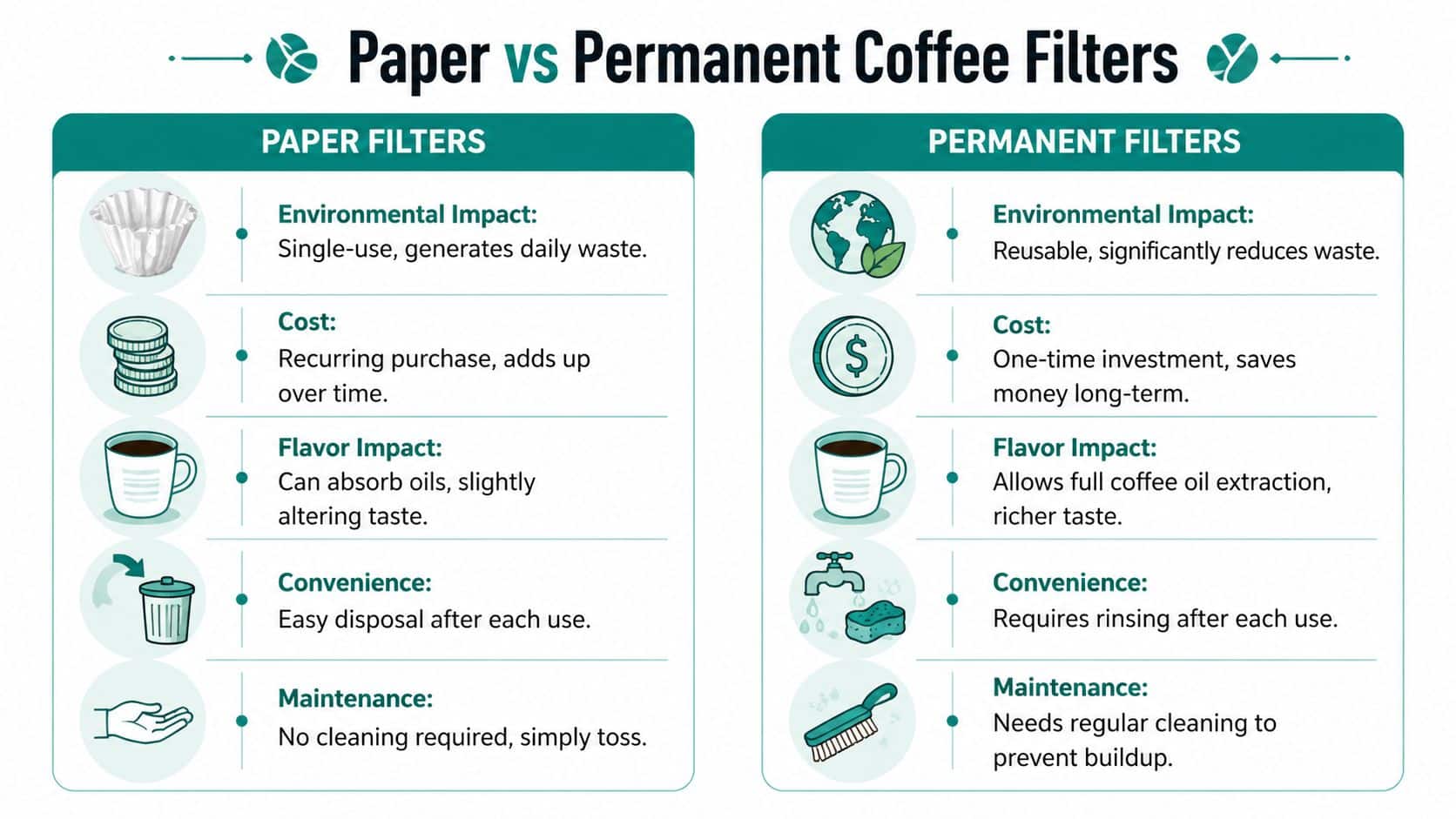 A comparison infographic between paper and permanent coffee filters highlighting environmental, cost, flavor, and maintenance differences.