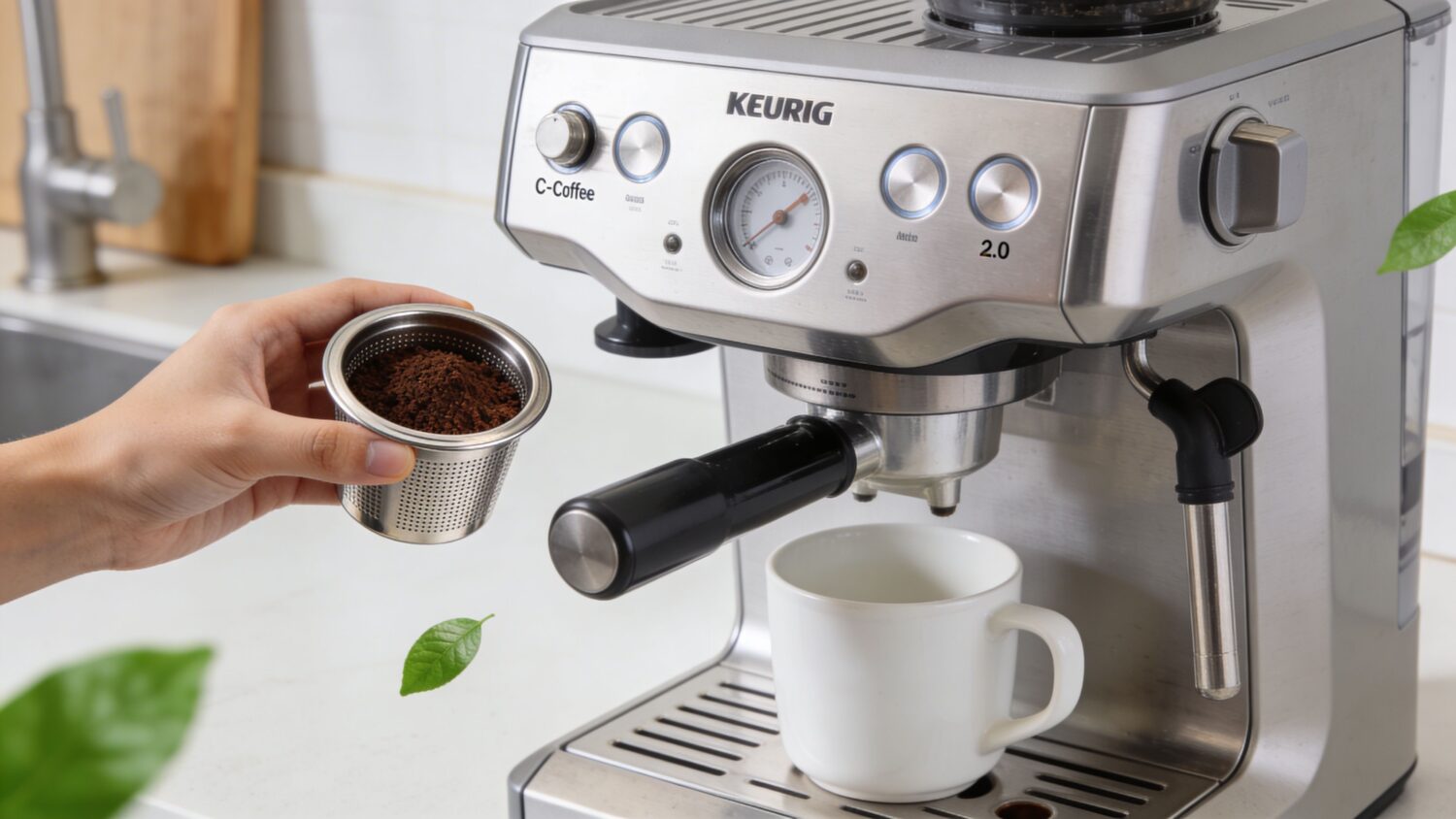 Keurig espresso machine with coffee grounds and a mug ready for brewing.
