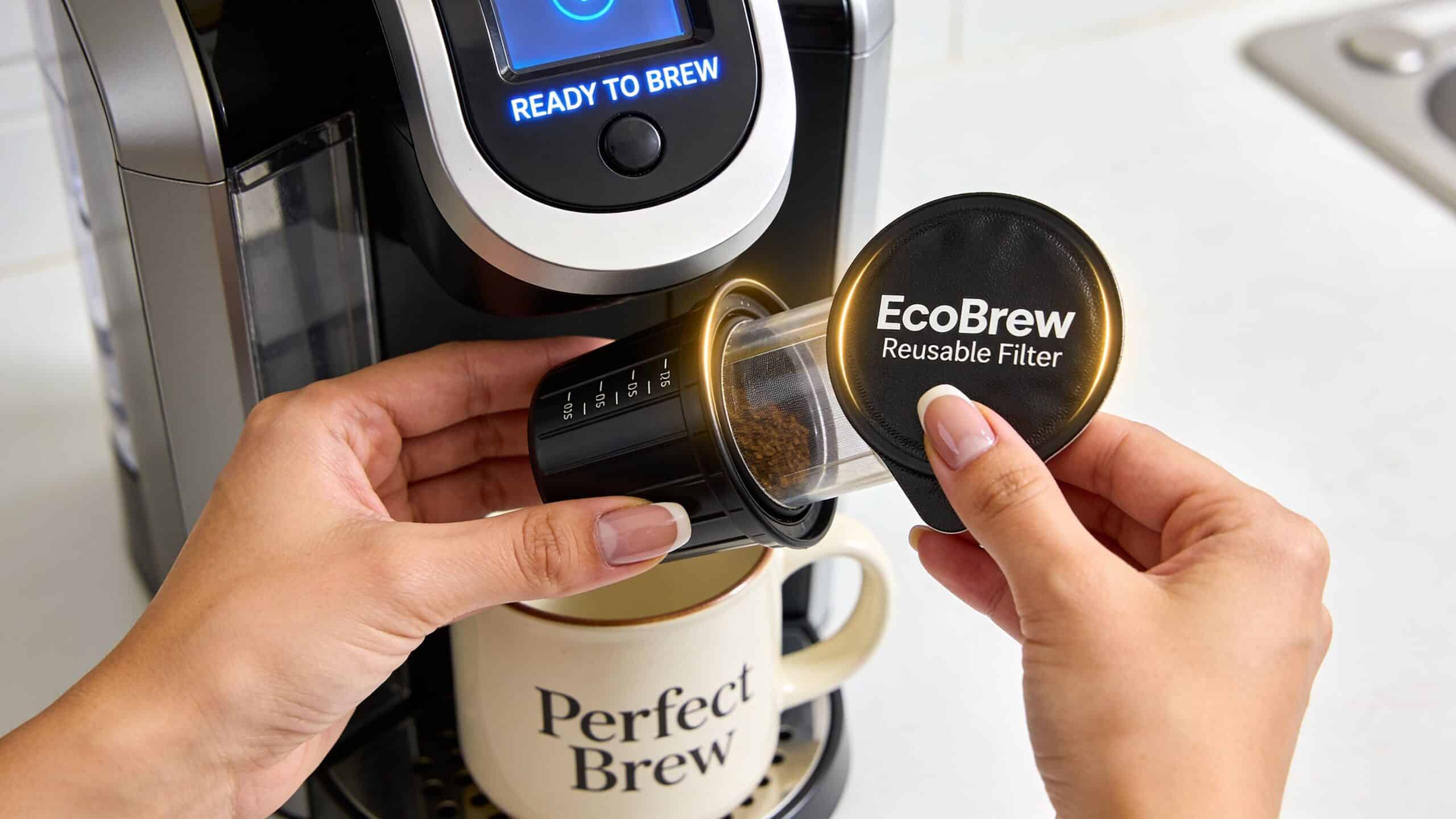 A person placing an EcoBrew reusable filter into a Keurig Supreme coffee maker with a mug nearby.