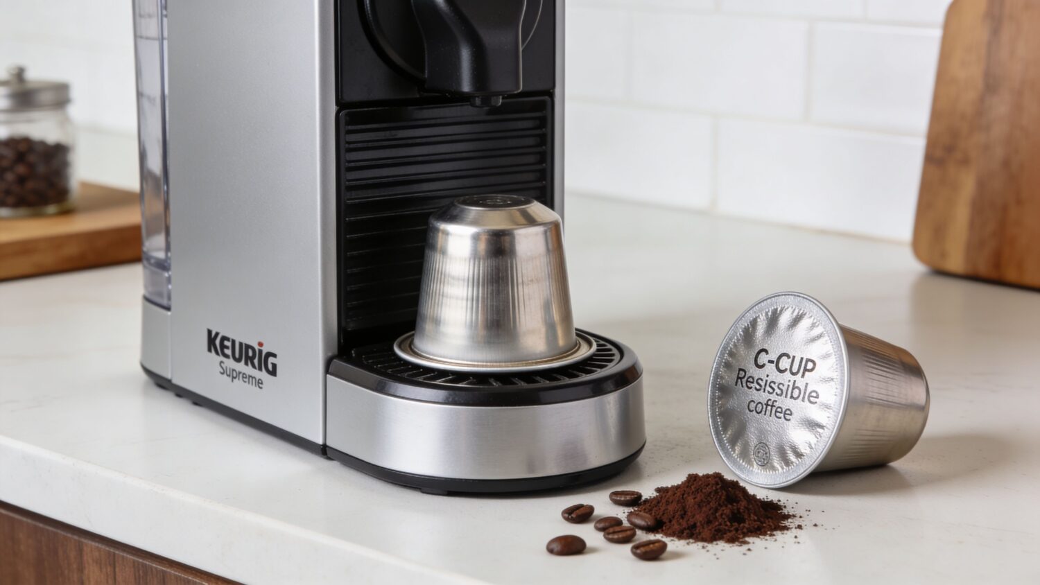 Keurig Supreme coffee maker with C-Cup coffee pod and grounds