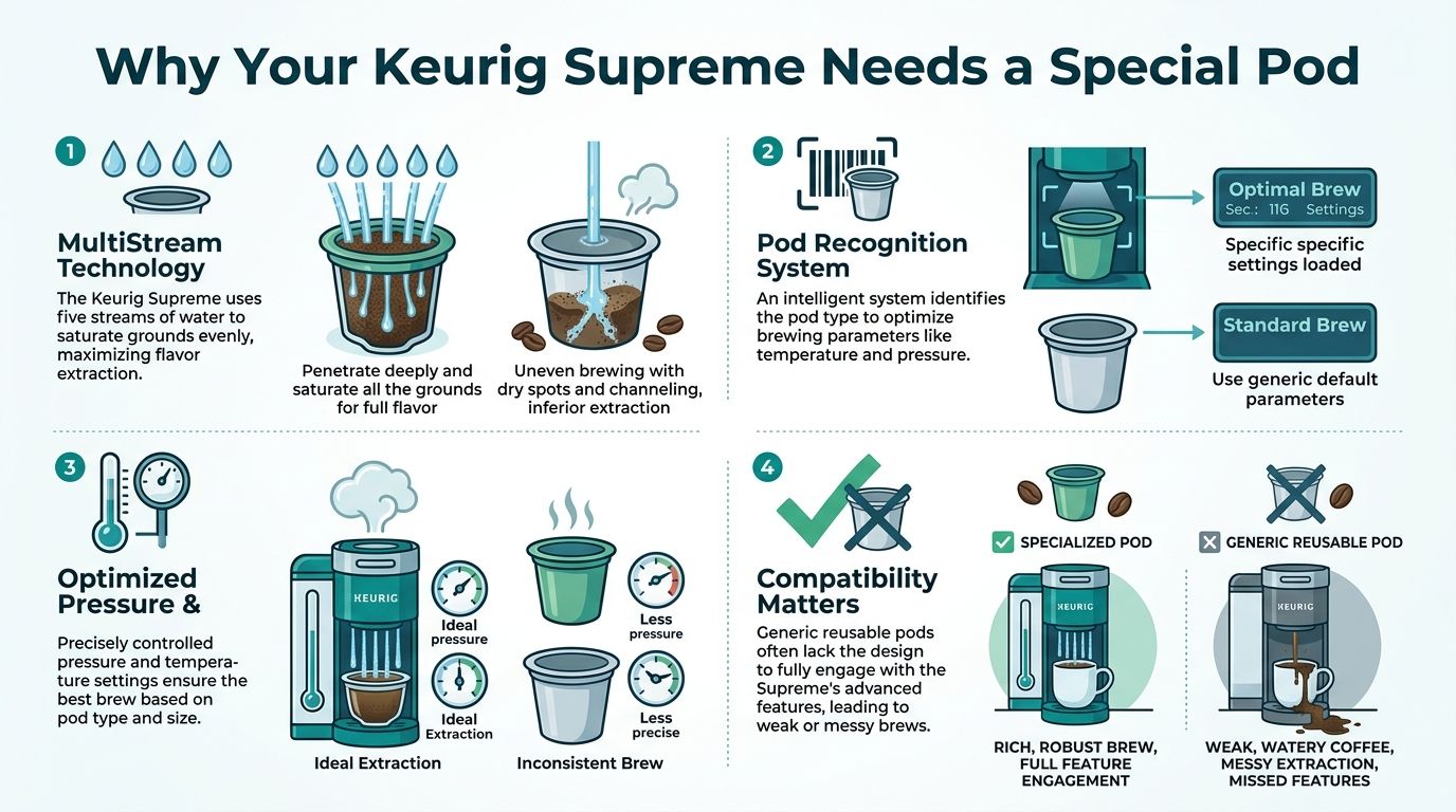 An infographic explaining why Keurig Supreme machines perform better with specialized pods compared to generic reusable alternatives.