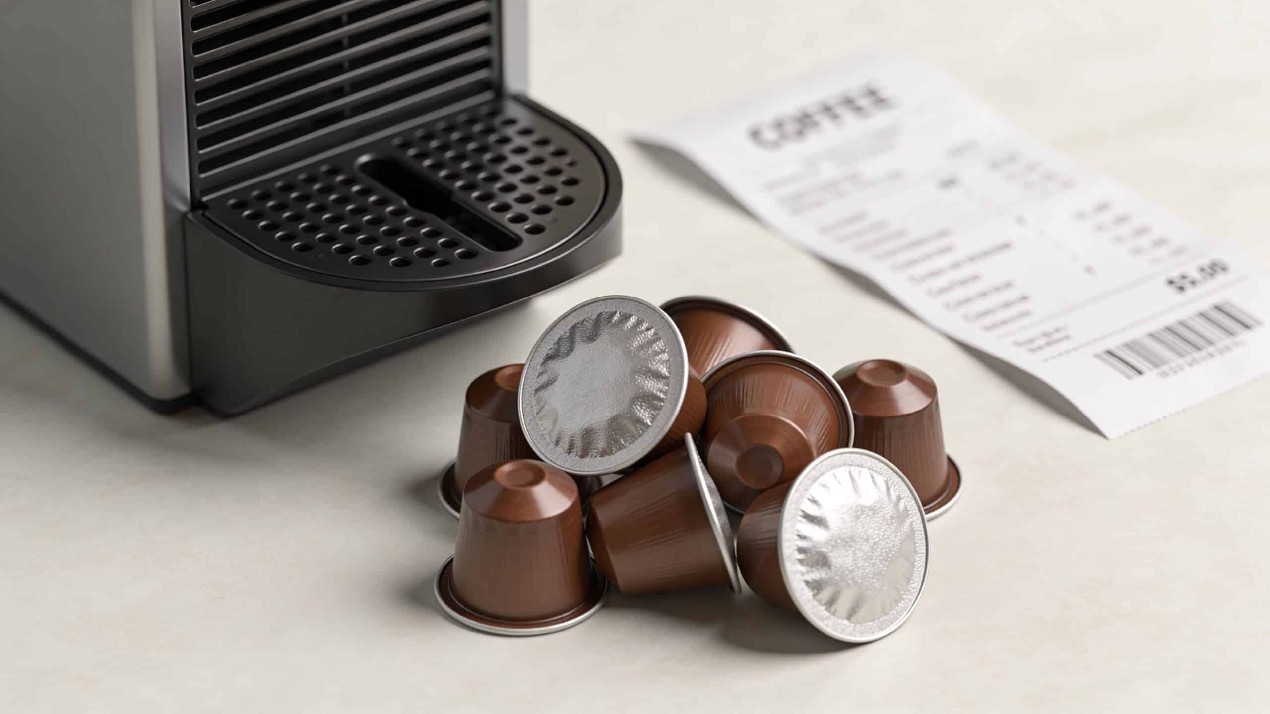 A silver coffee machine next to a pile of coffee capsules and a printed receipt on a counter.
