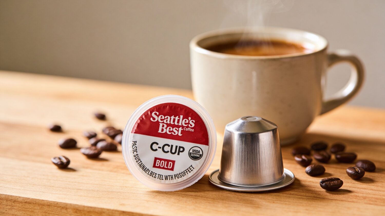 Seattle's Best C-Cup coffee pod and reusable metal filter with coffee beans