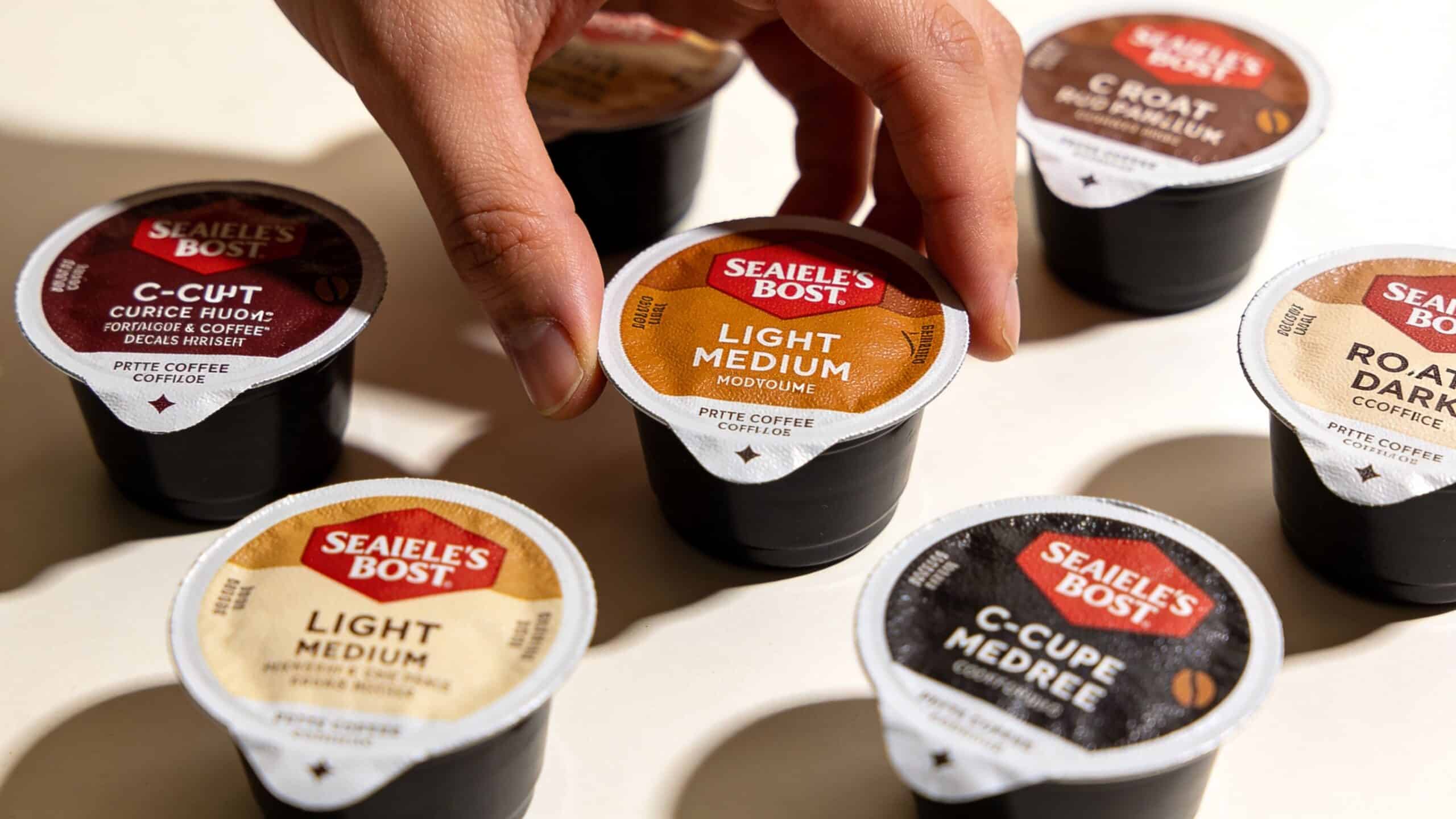 A hand selecting a Seaiele's Bost light medium roast coffee pod from an assortment of coffee pods.
