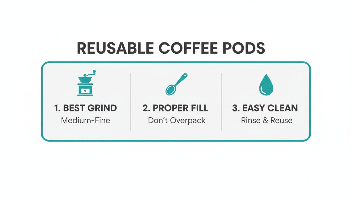 Infographic showing three steps for optimal reusable coffee pod use: best grind, proper fill, and easy clean.