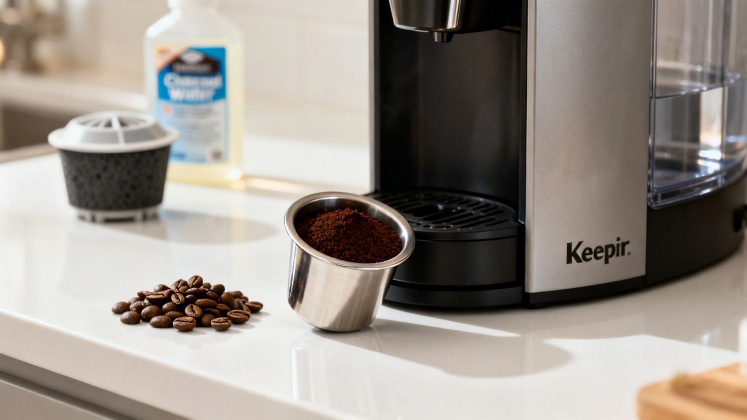 Keepir reusable coffee pod with grounds next to a single-serve coffee maker.