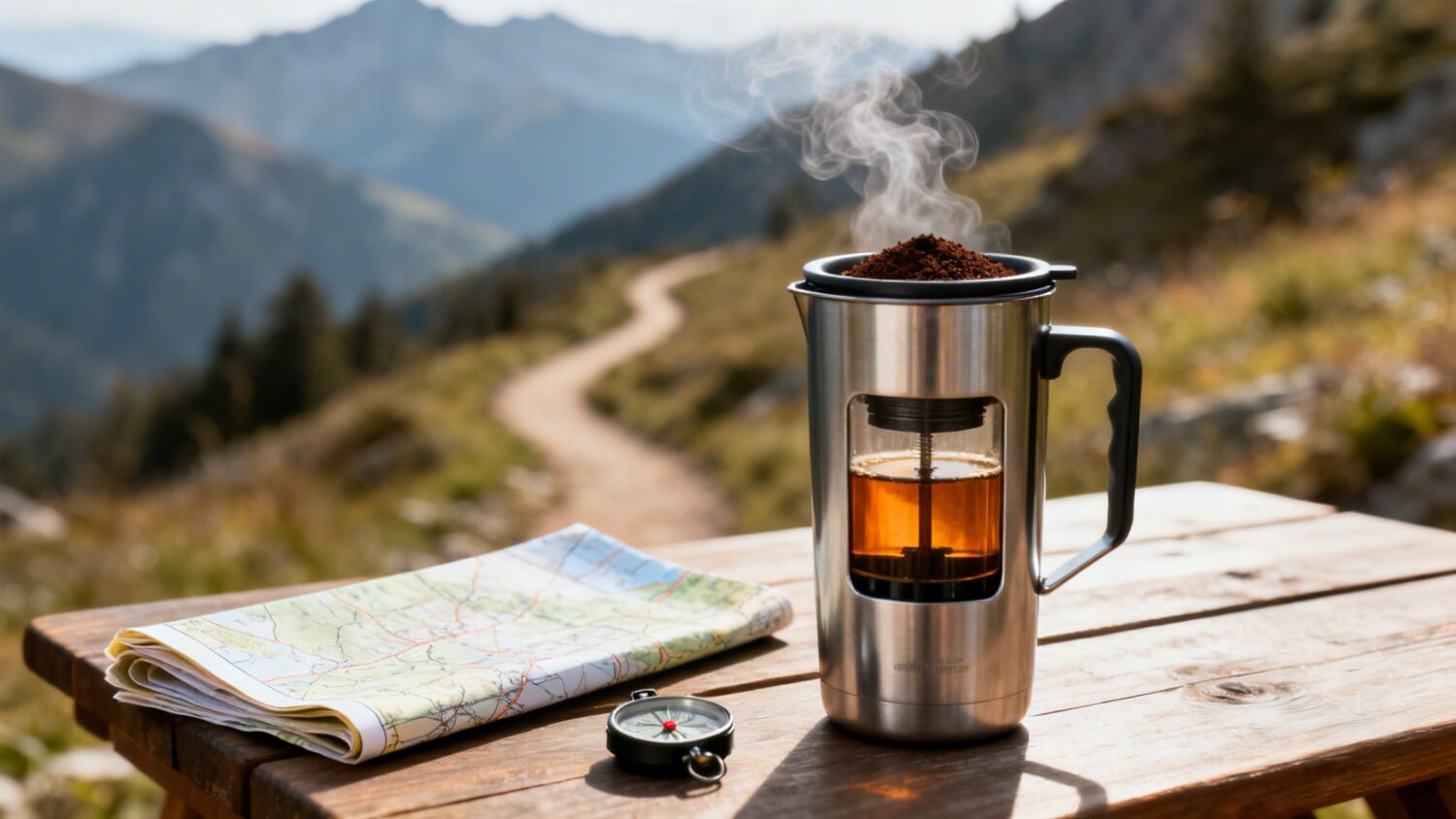 Steaming mug on mountaintop, hiker enjoying the view with essential hiking gear.