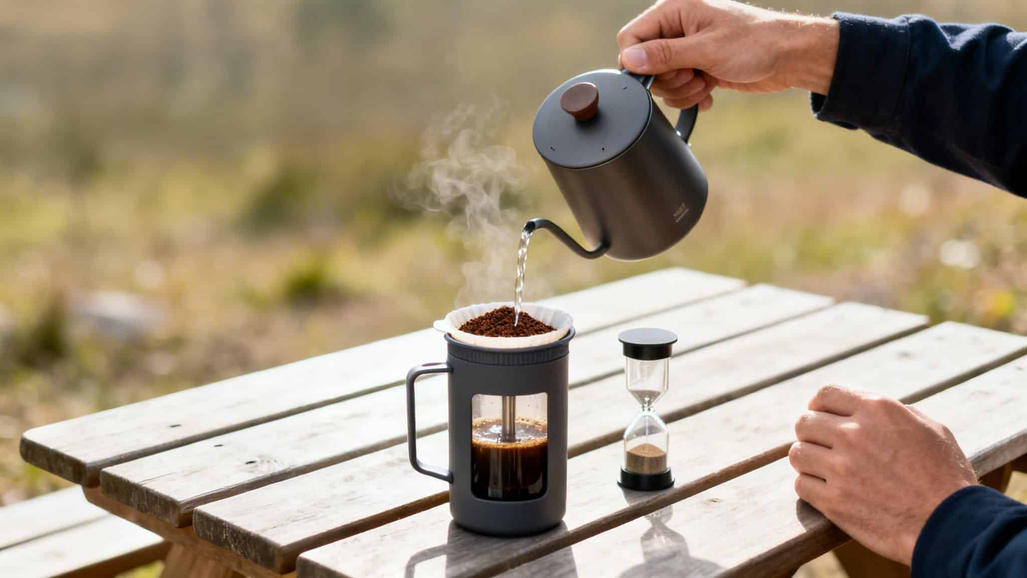 Hand pours water into a travel mug with a french press mechanism while camping outdoors.