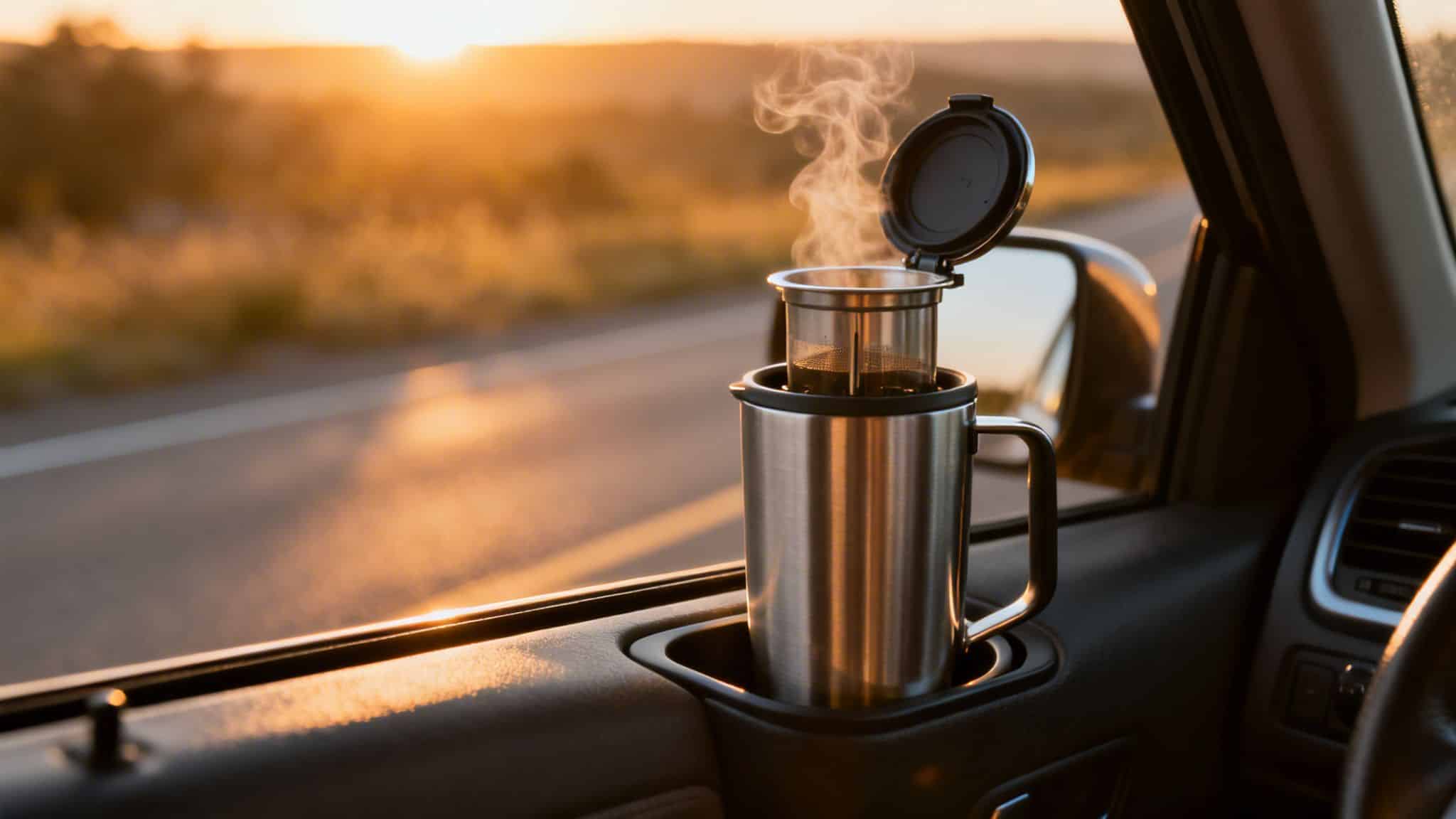 Steaming hot coffee in a travel mug with a French press inside a car, golden hour background.