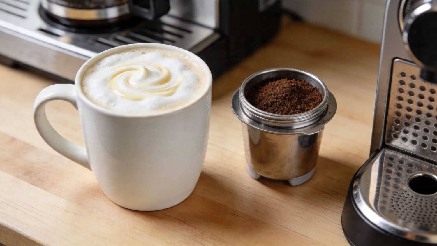 Latte art in a mug, espresso machine, and coffee grounds in a portafilter.