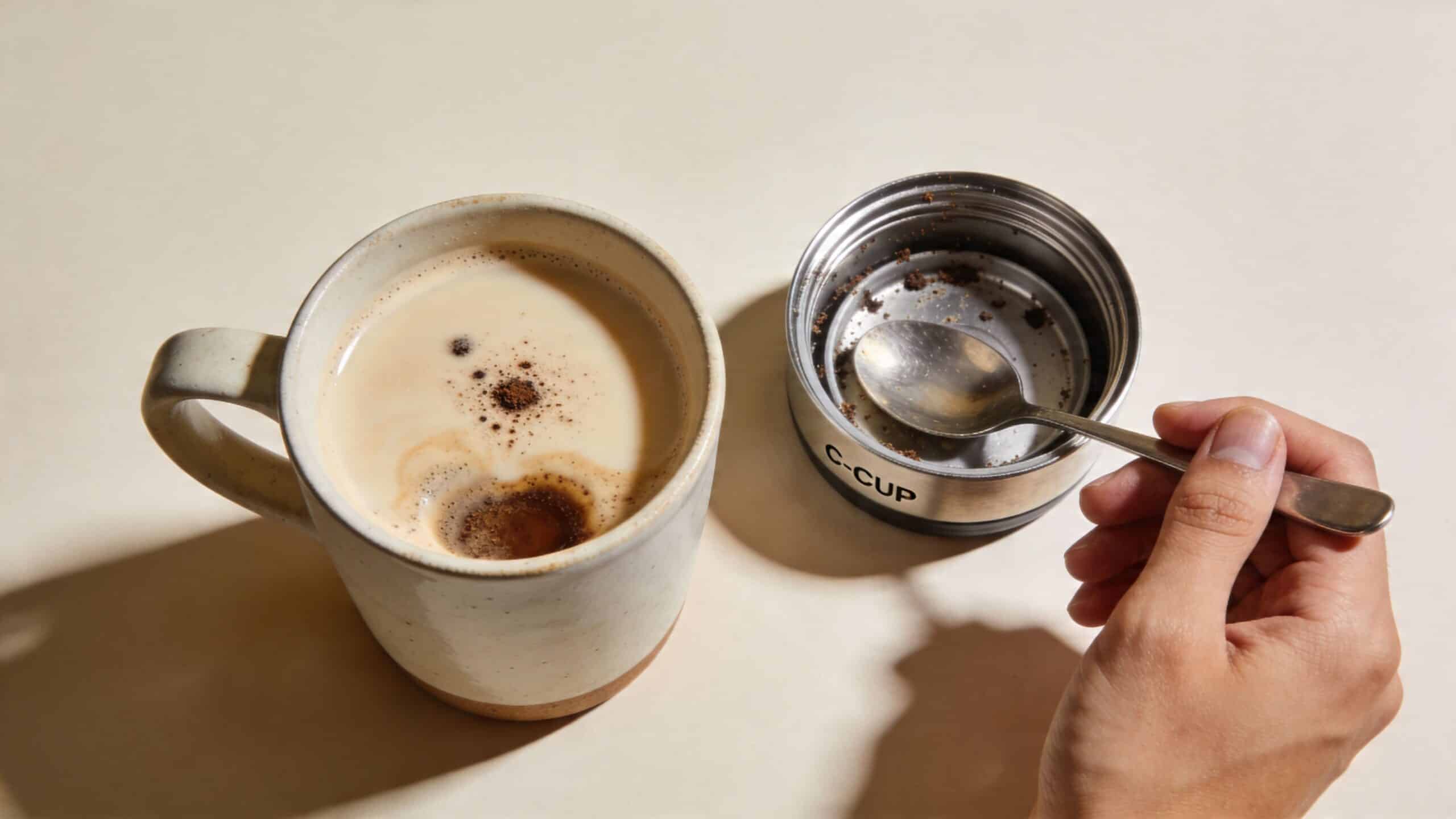 A hand holding a spoon over an empty coffee pod container next to a vanilla latte mug.