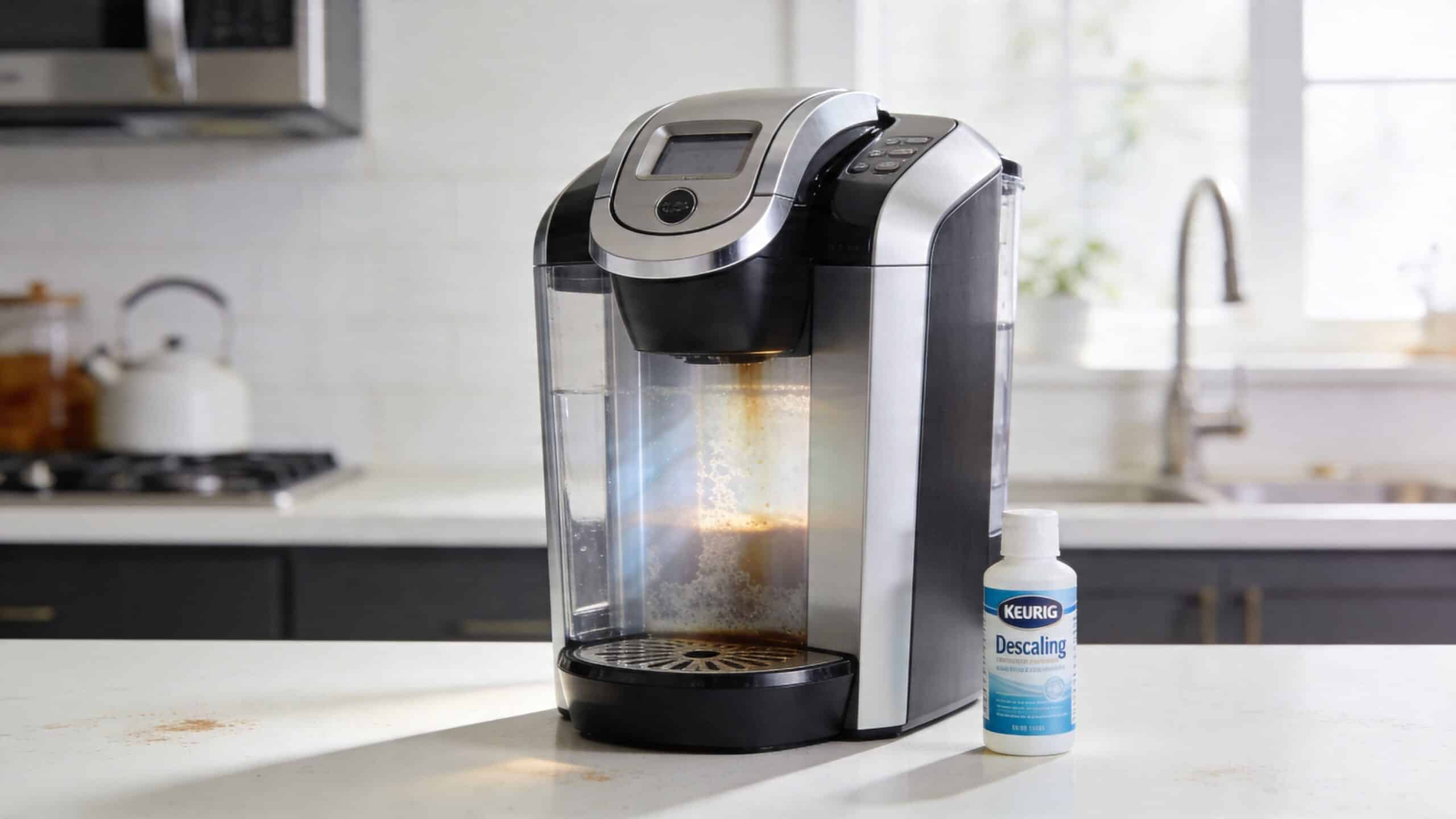 A Keurig coffee machine undergoing a descaling process on a white kitchen countertop with descaling solution.