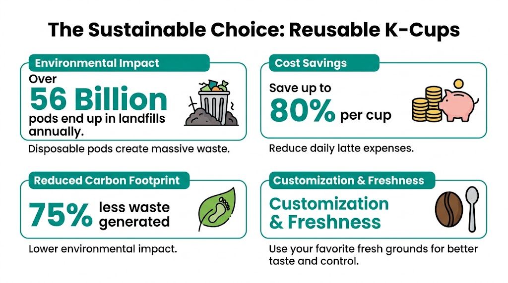 An infographic highlighting the environmental and cost benefits of using reusable coffee pods over disposable ones.