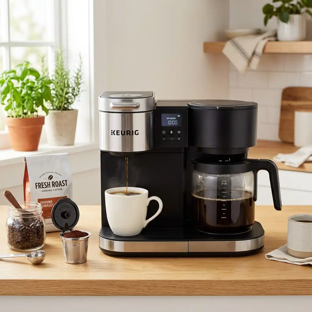 Keurig coffee maker brewing coffee into a mug and carafe