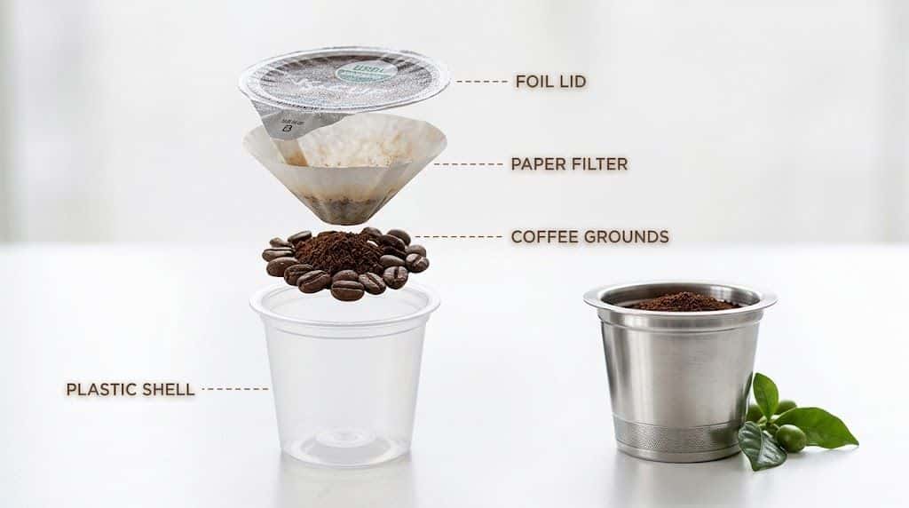 Exploded view of a single-serve coffee pod: foil lid, paper filter, coffee grounds, plastic shell, and reusable metal filter.
