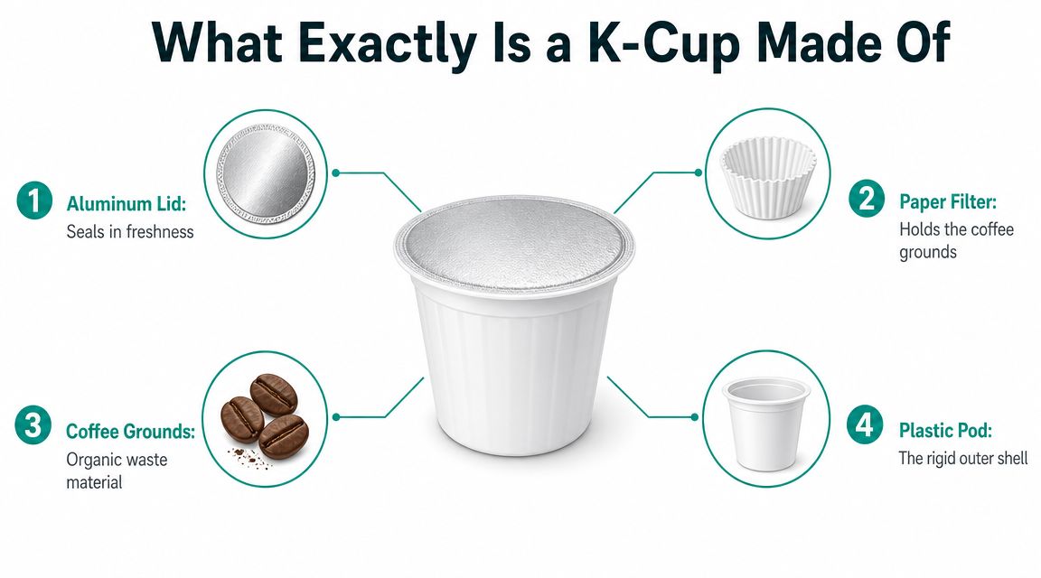 An infographic displaying the four primary components of a Keurig K-Cup pod: lid, filter, coffee, and shell.