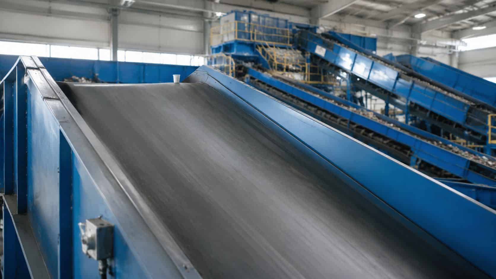 A single discarded plastic coffee pod resting on a wide industrial sorting conveyor belt inside a recycling facility.