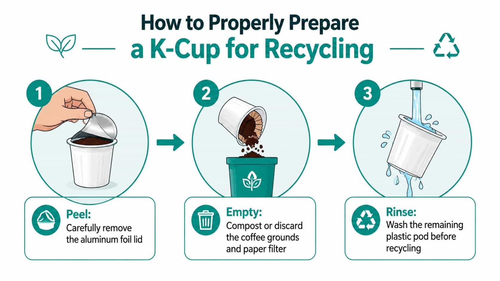 An instructional graphic showing three simple steps to prepare a K-Cup pod for proper recycling.