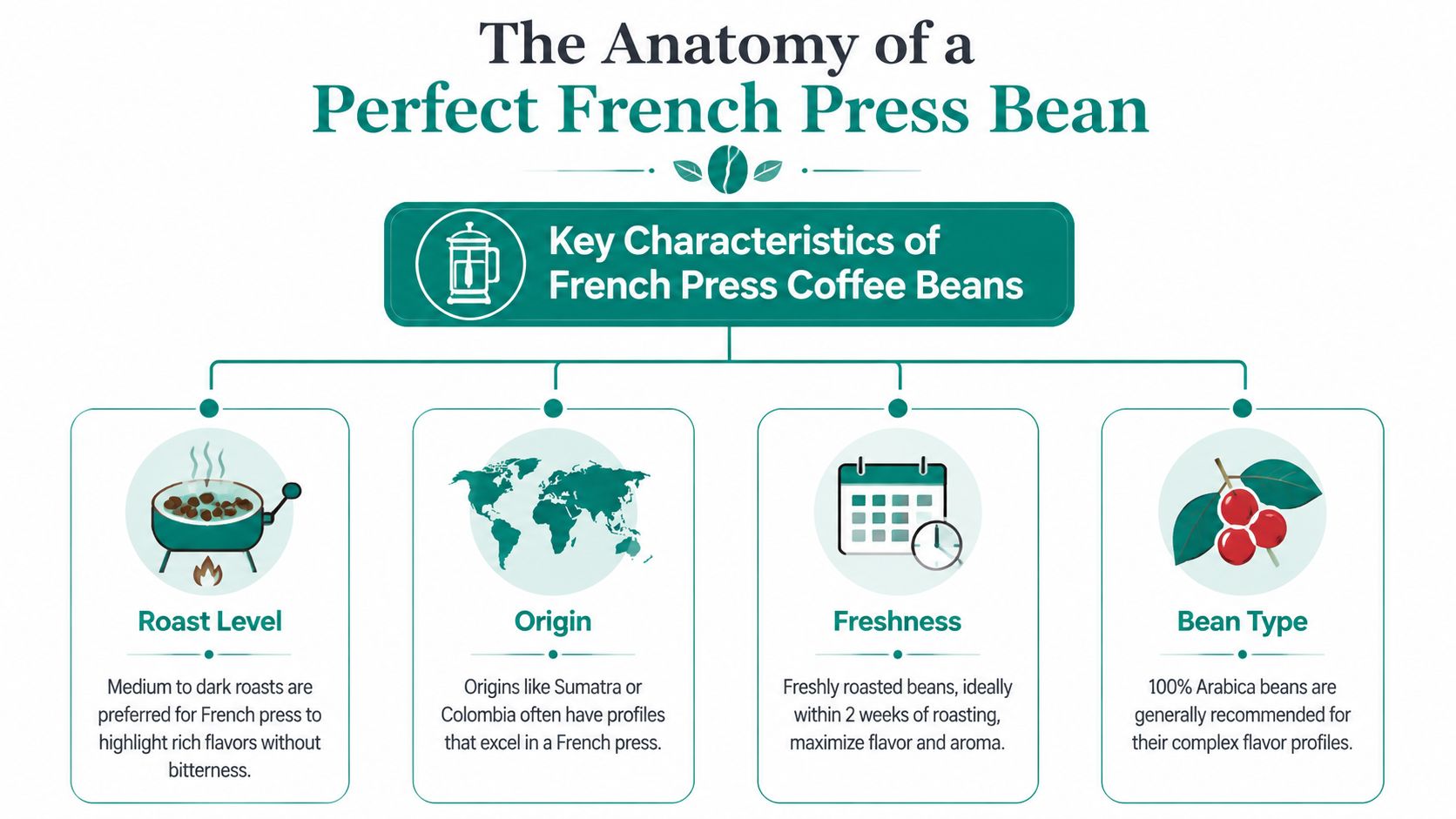 An infographic detailing the key characteristics of selecting the best coffee beans for a French press brewer.