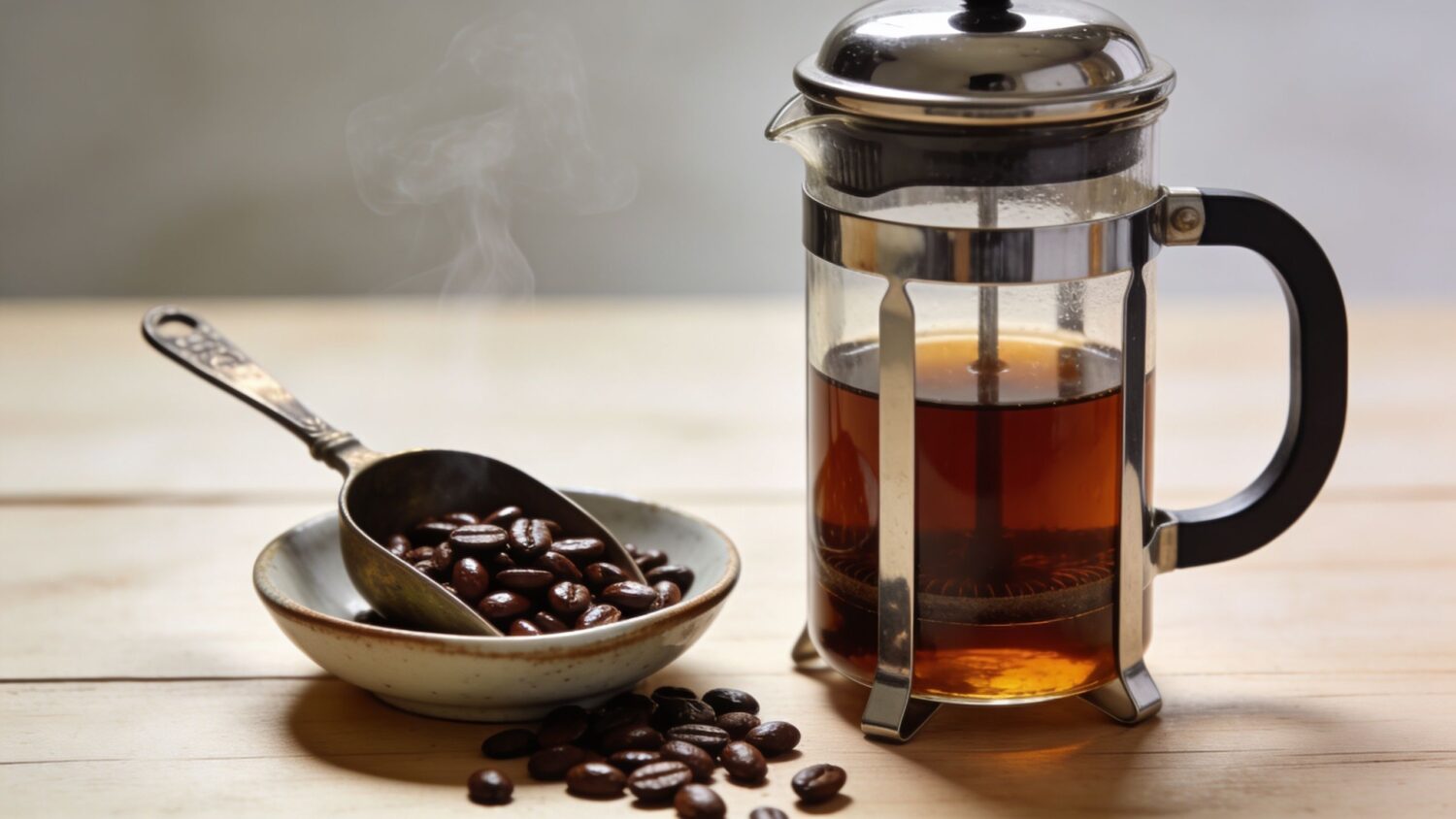 French press coffee maker with roasted coffee beans and steam