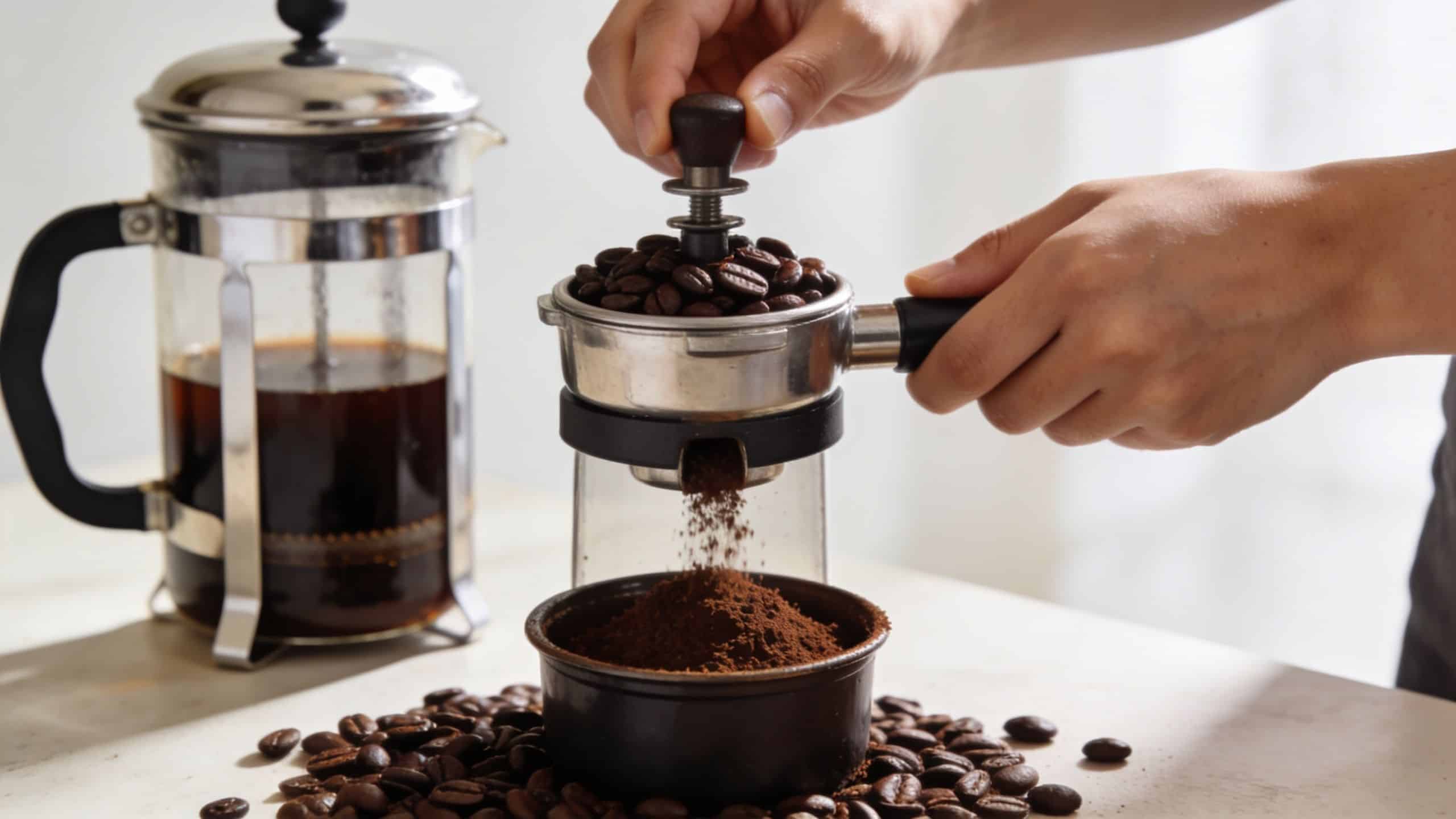 A person grinds roasted coffee beans into a small bowl using a handheld portable espresso grinder.