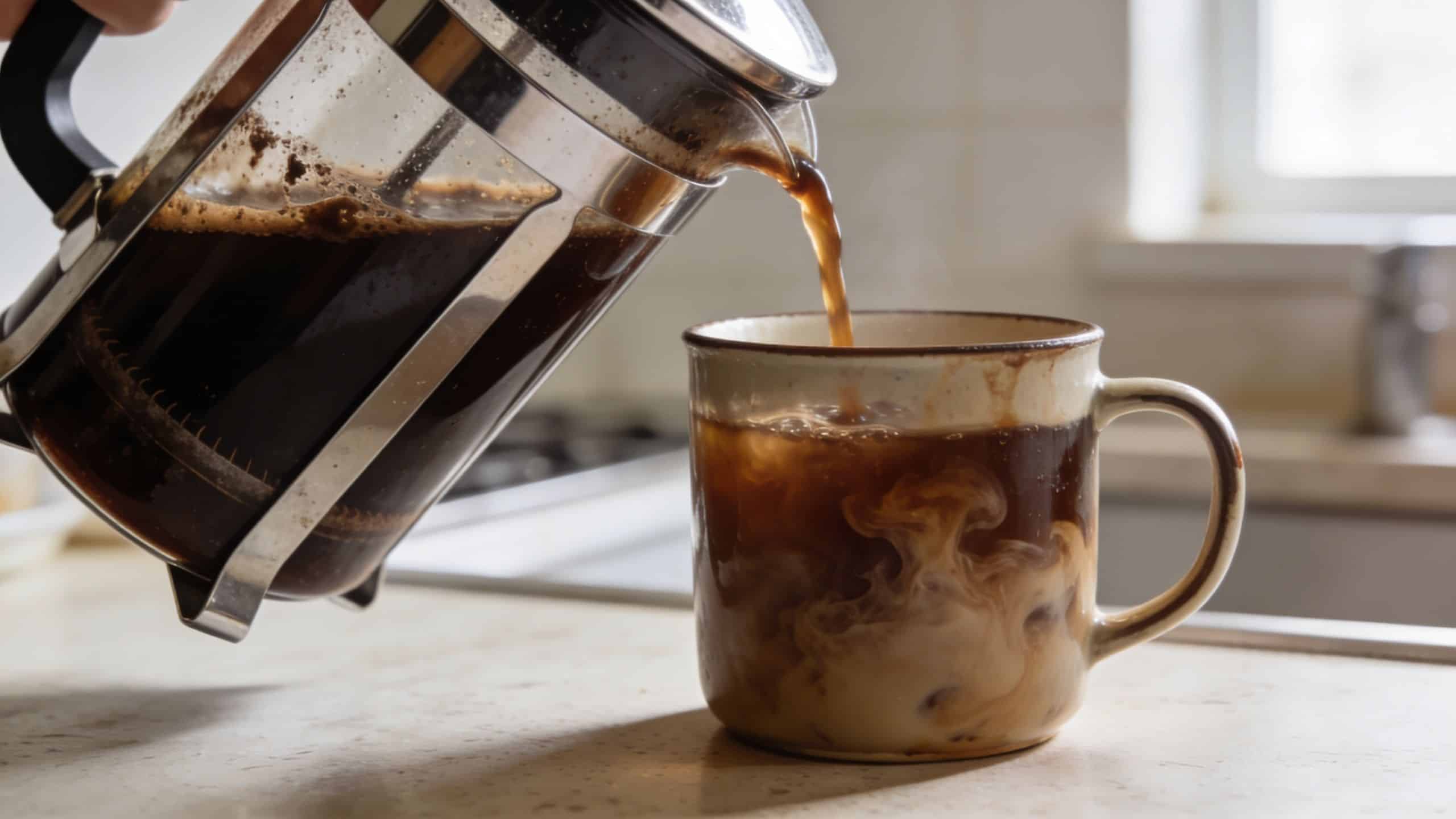 A close-up view of dark coffee being poured from a glass French press into a ceramic mug.
