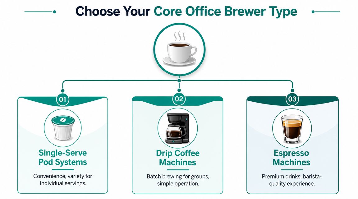 An infographic outlining three main types of office coffee brewers: single-serve pods, drip machines, and espresso makers.