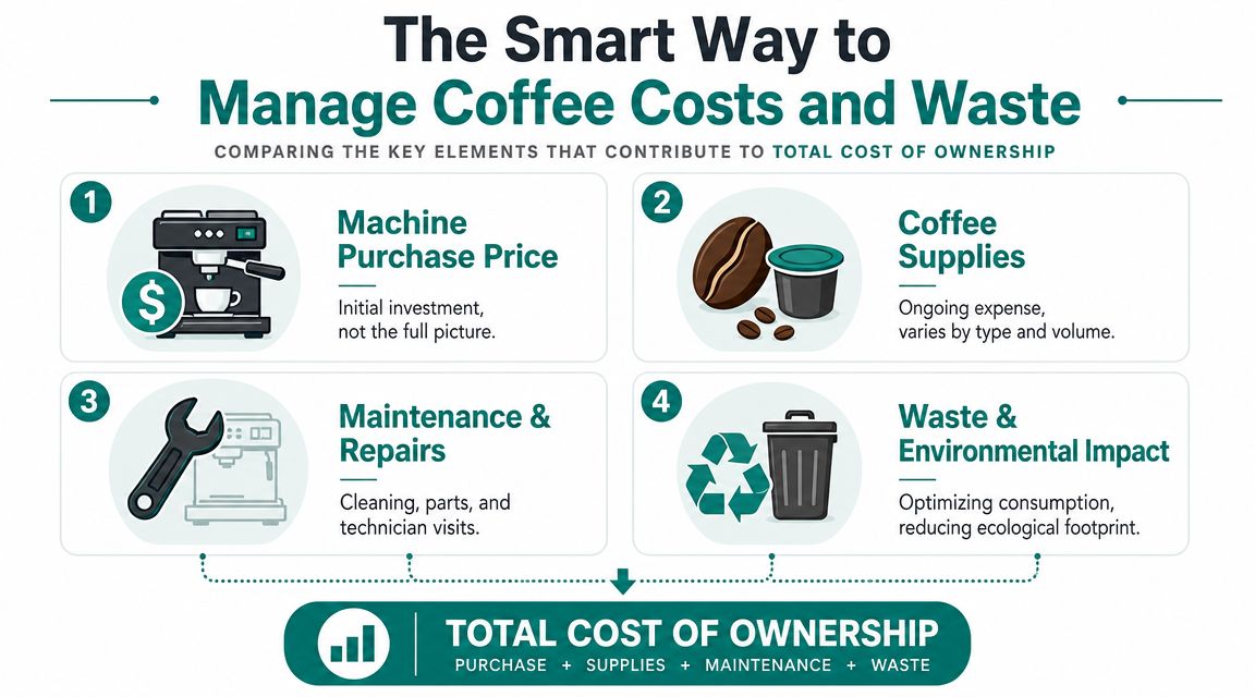 An infographic showing four key elements that contribute to the total cost of ownership for coffee machines.