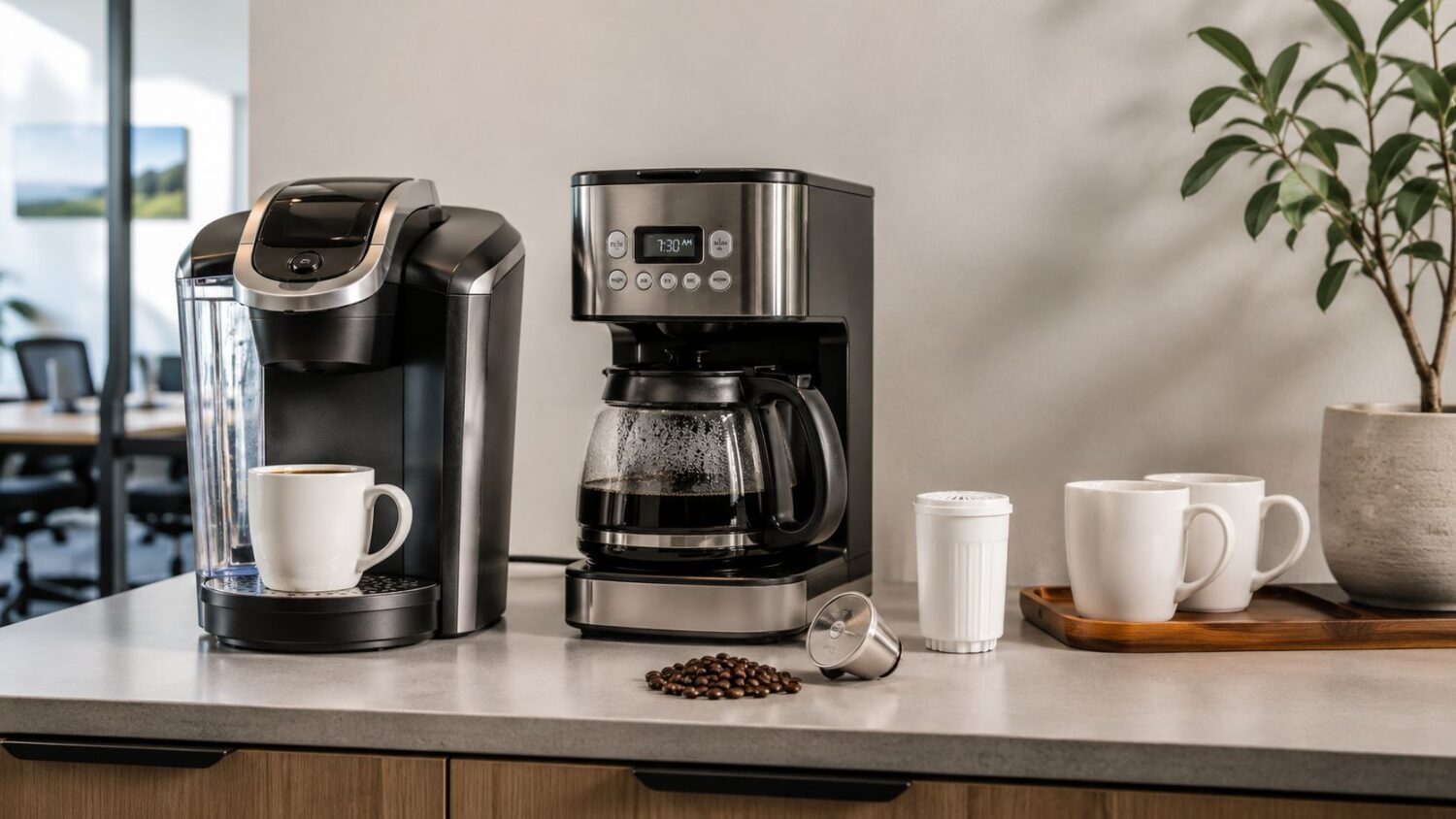 Two coffee makers, a Keurig and a drip coffee machine, with mugs and coffee beans.