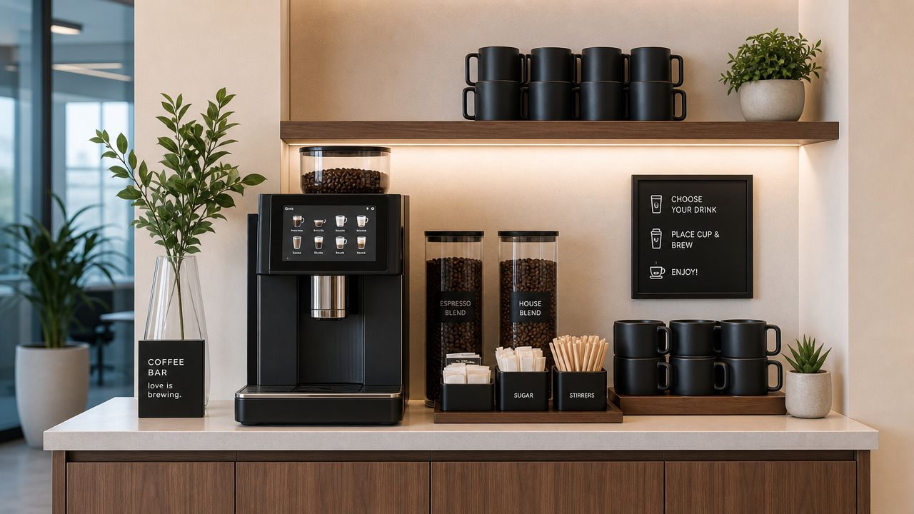 A modern, minimalist office coffee station featuring a professional espresso machine, coffee beans, and mugs on a counter.