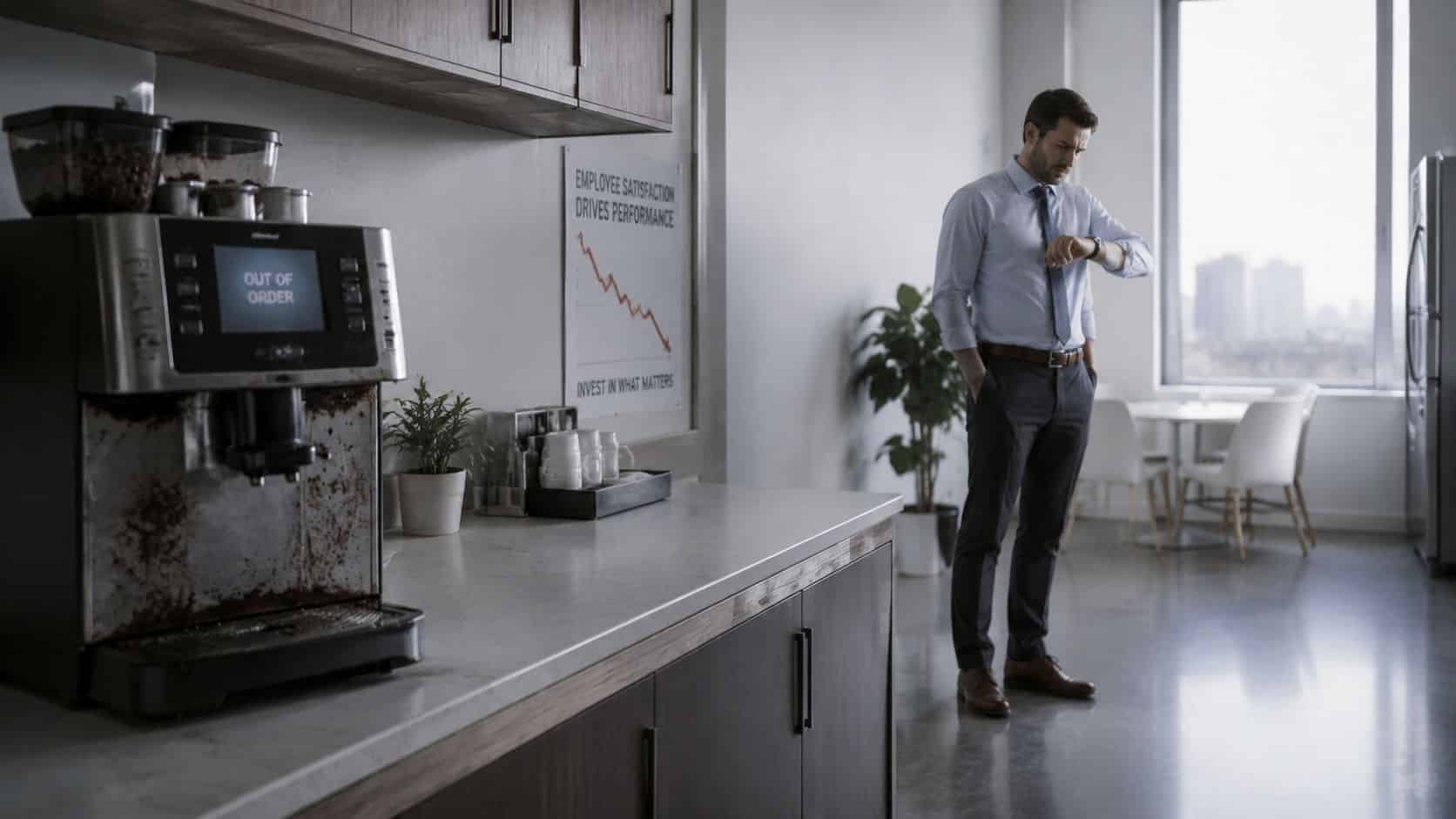 A businessman standing in a modern office looking disappointed at his watch near an out of order coffee machine.