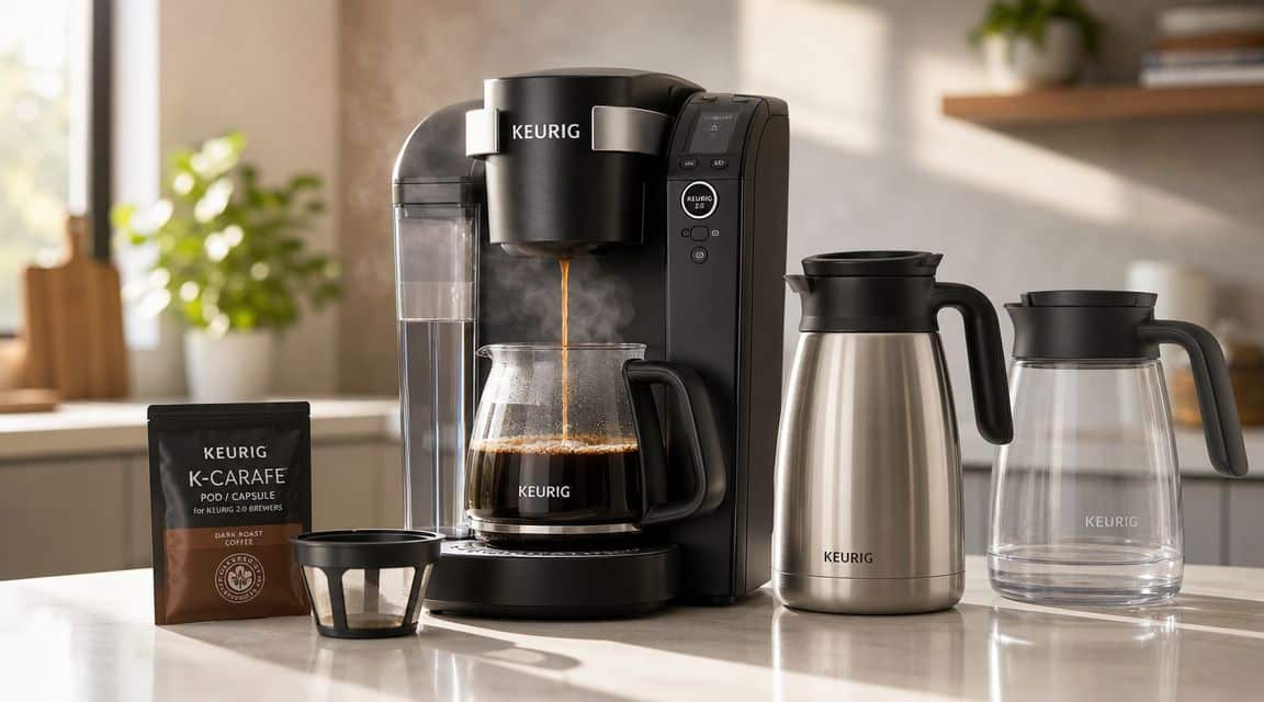 Keurig K-Carafe coffee maker brewing coffee into a carafe