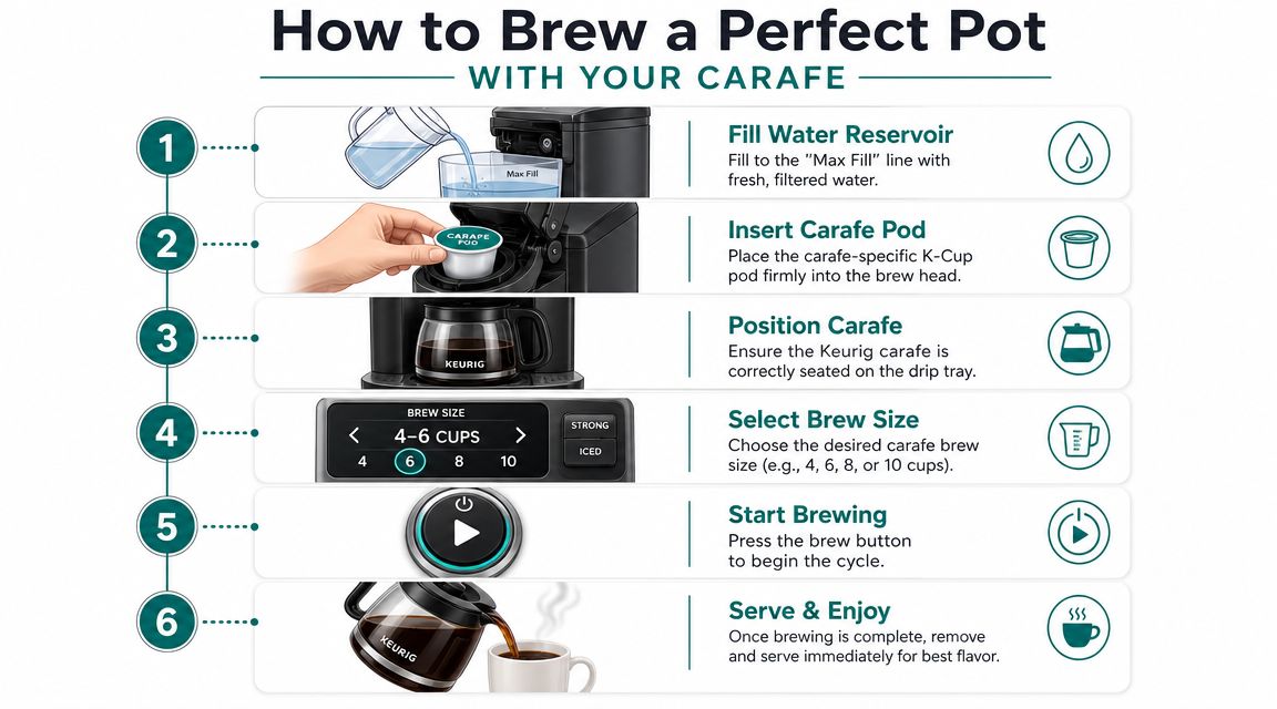 An infographic showing the six easy steps to brew a perfect pot of coffee using a Keurig carafe.