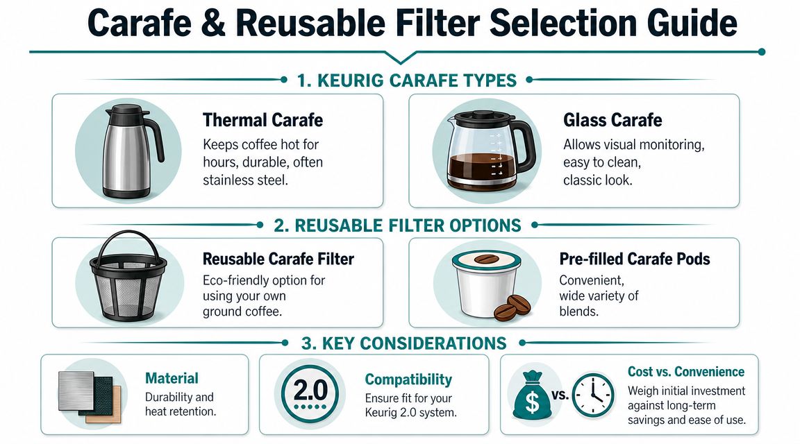 An infographic guide comparing different types of Keurig carafes and reusable coffee filter options for users.