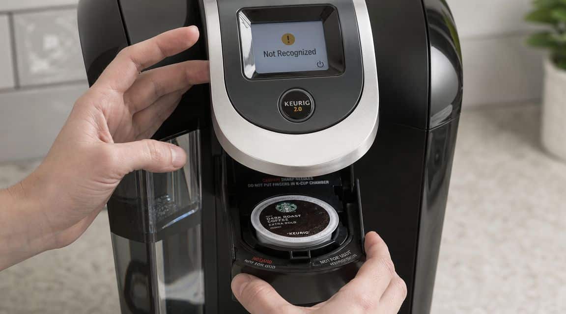 A person placing a Starbucks K-Cup pod into a Keurig 2.0 coffee maker displaying a Not Recognized error.