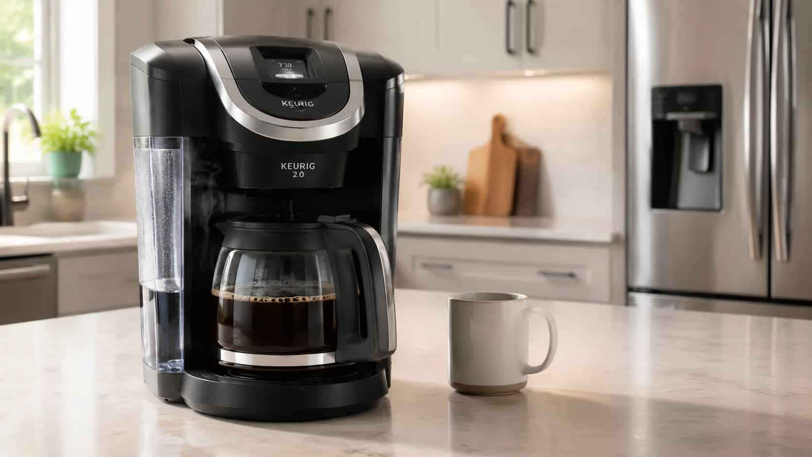 A Keurig 2.0 coffee maker with a glass carafe sits on a kitchen counter next to a mug.