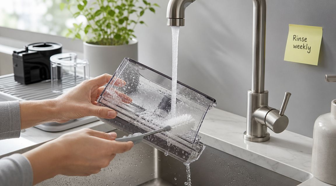 A person washing a clear plastic water reservoir from a coffee machine under a kitchen sink faucet.