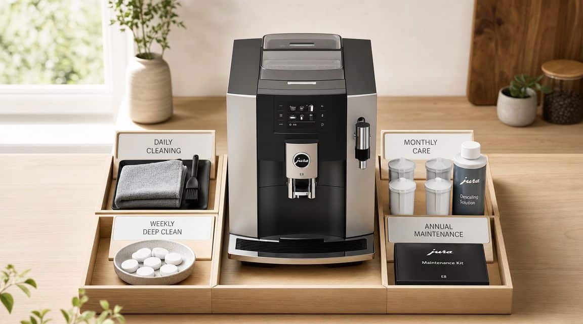 Jura automatic coffee machine with daily, weekly, monthly, and annual maintenance kits