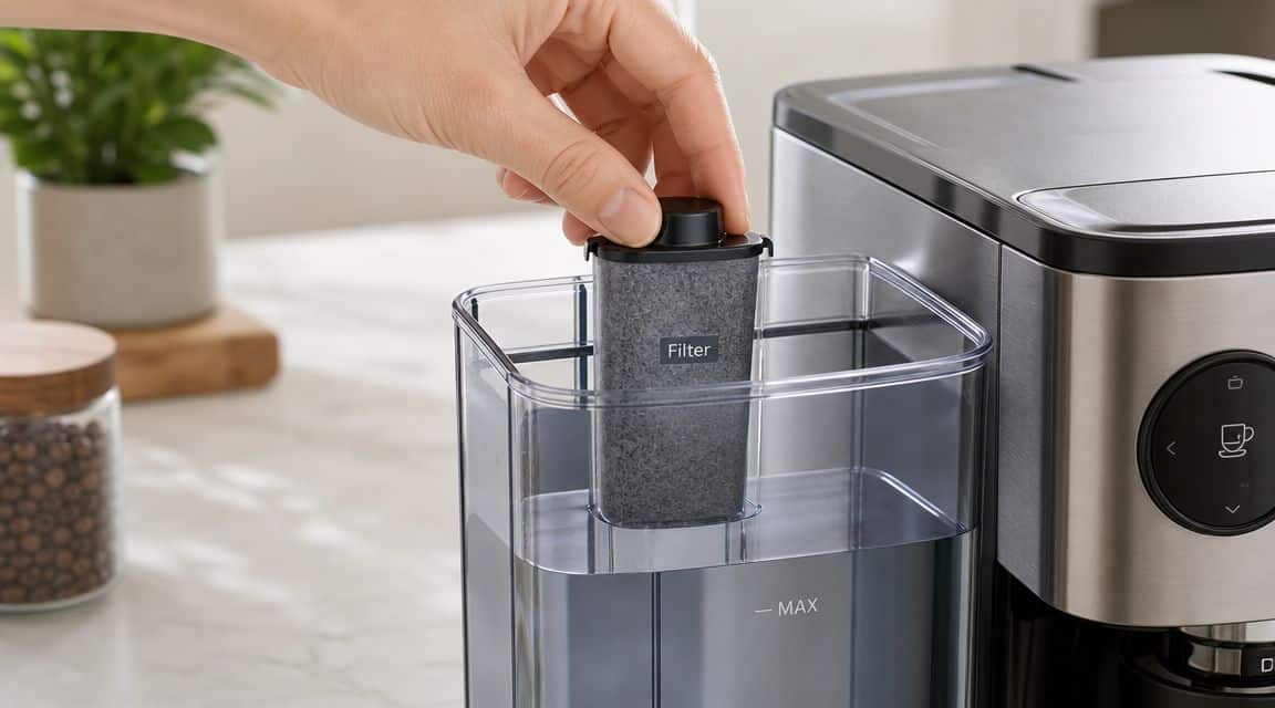 A person inserts a charcoal water filter into the transparent reservoir of a modern coffee machine.
