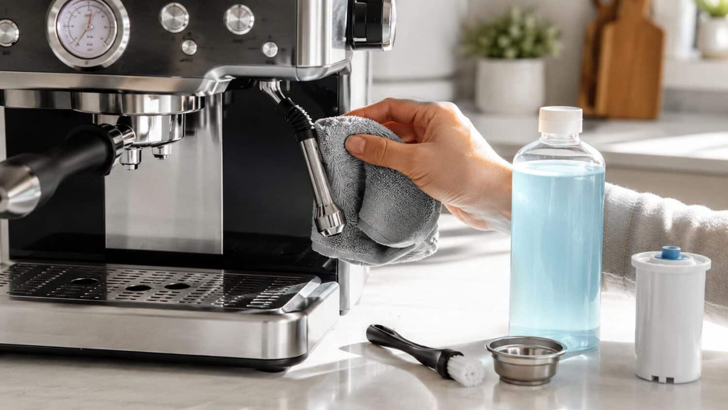 Person cleaning espresso machine steam wand with microfiber cloth