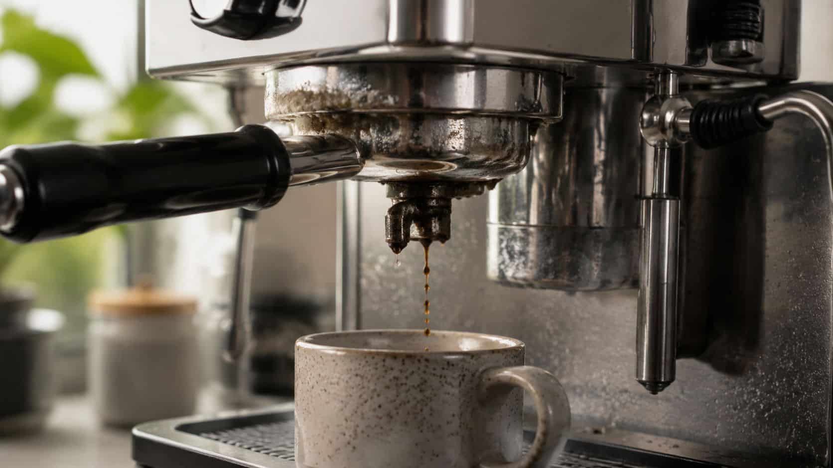 A close-up view of a professional espresso machine dripping fresh coffee into a rustic ceramic cup.