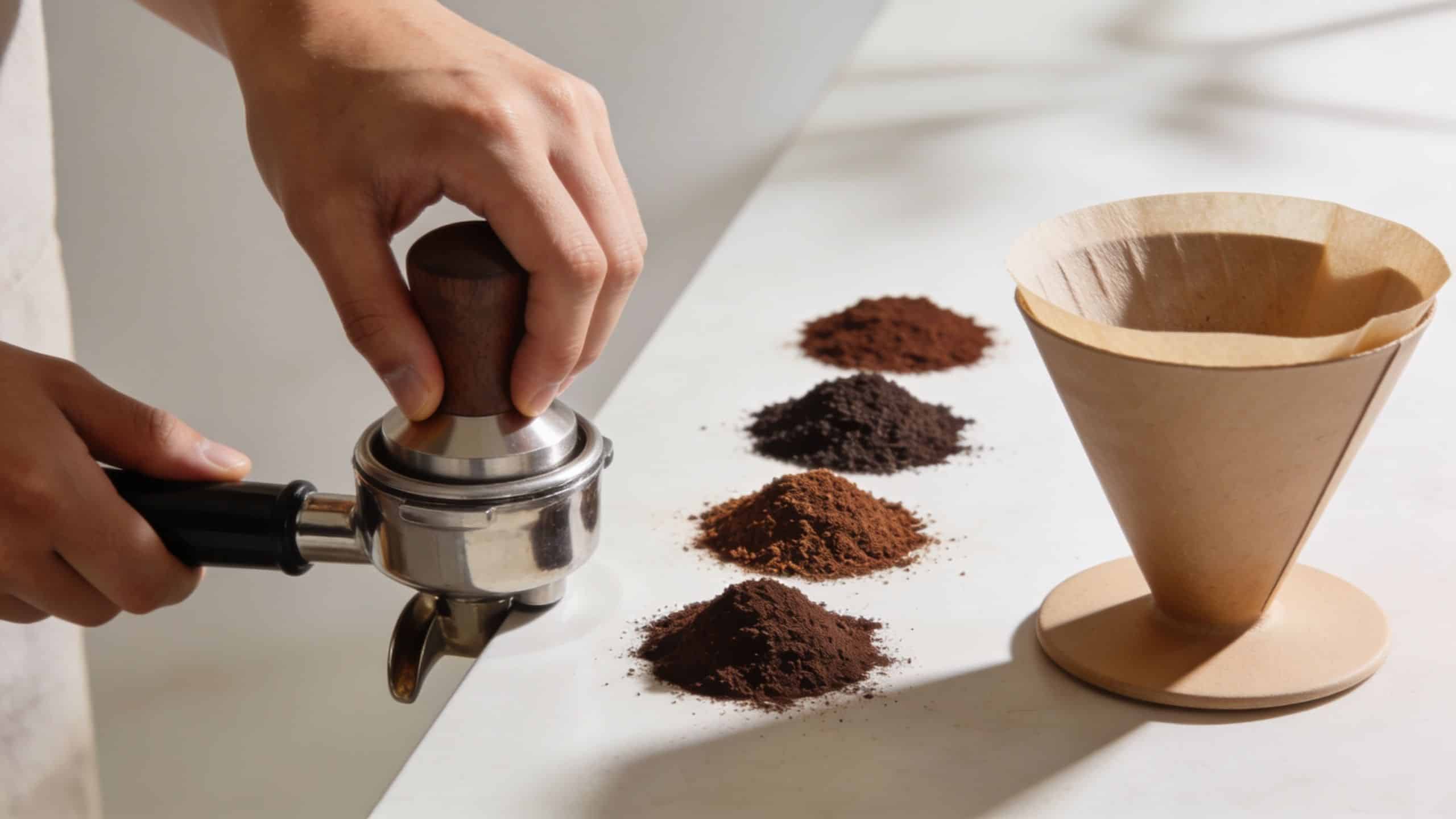 A person uses a metal tamper to press coffee grounds into a portafilter near coffee filter cones.