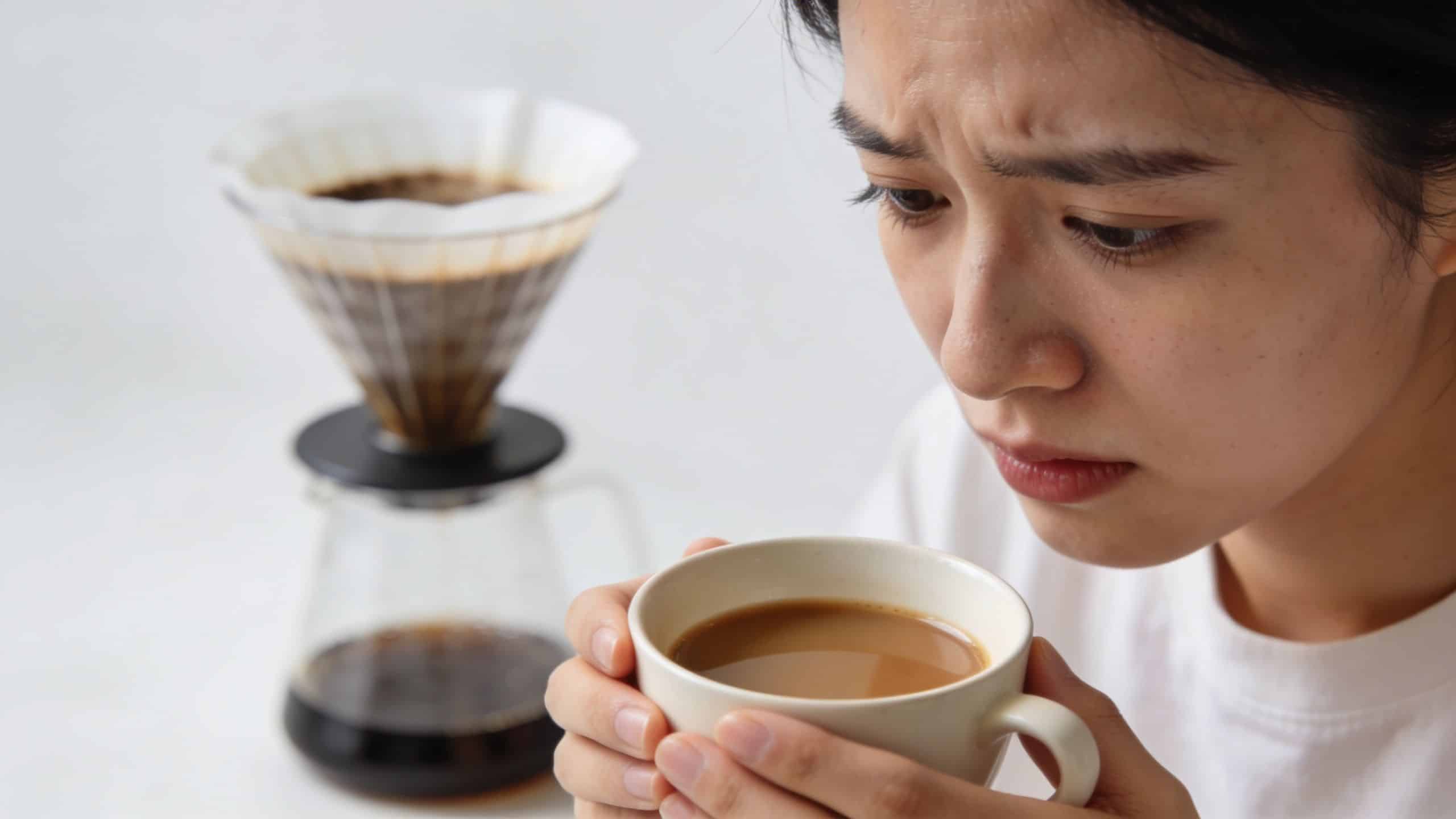 A concerned woman holding a cup of coffee while a pour-over coffee maker sits in the background.