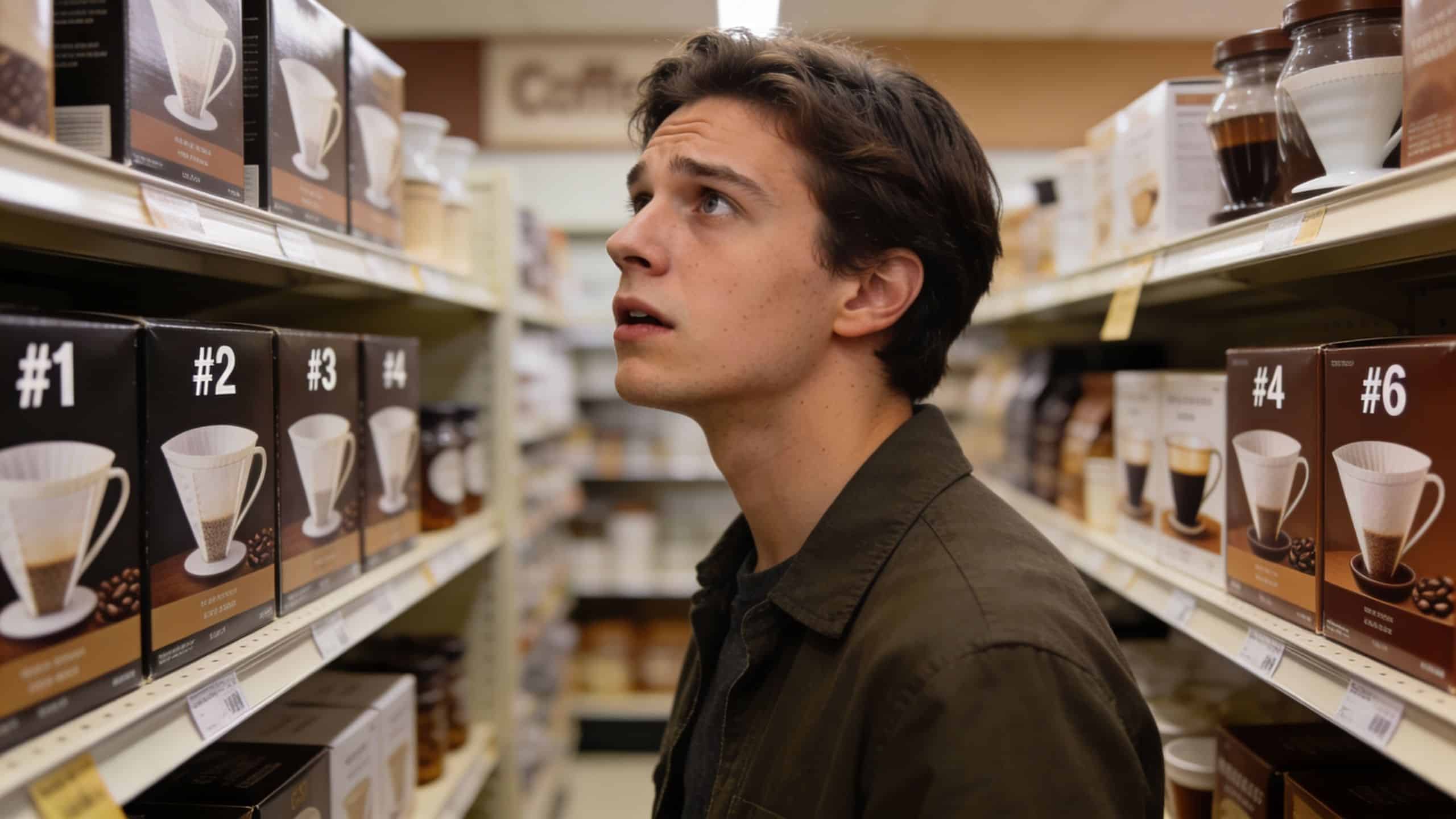 A young man looking up at a store shelf displaying various coffee maker cone filters.