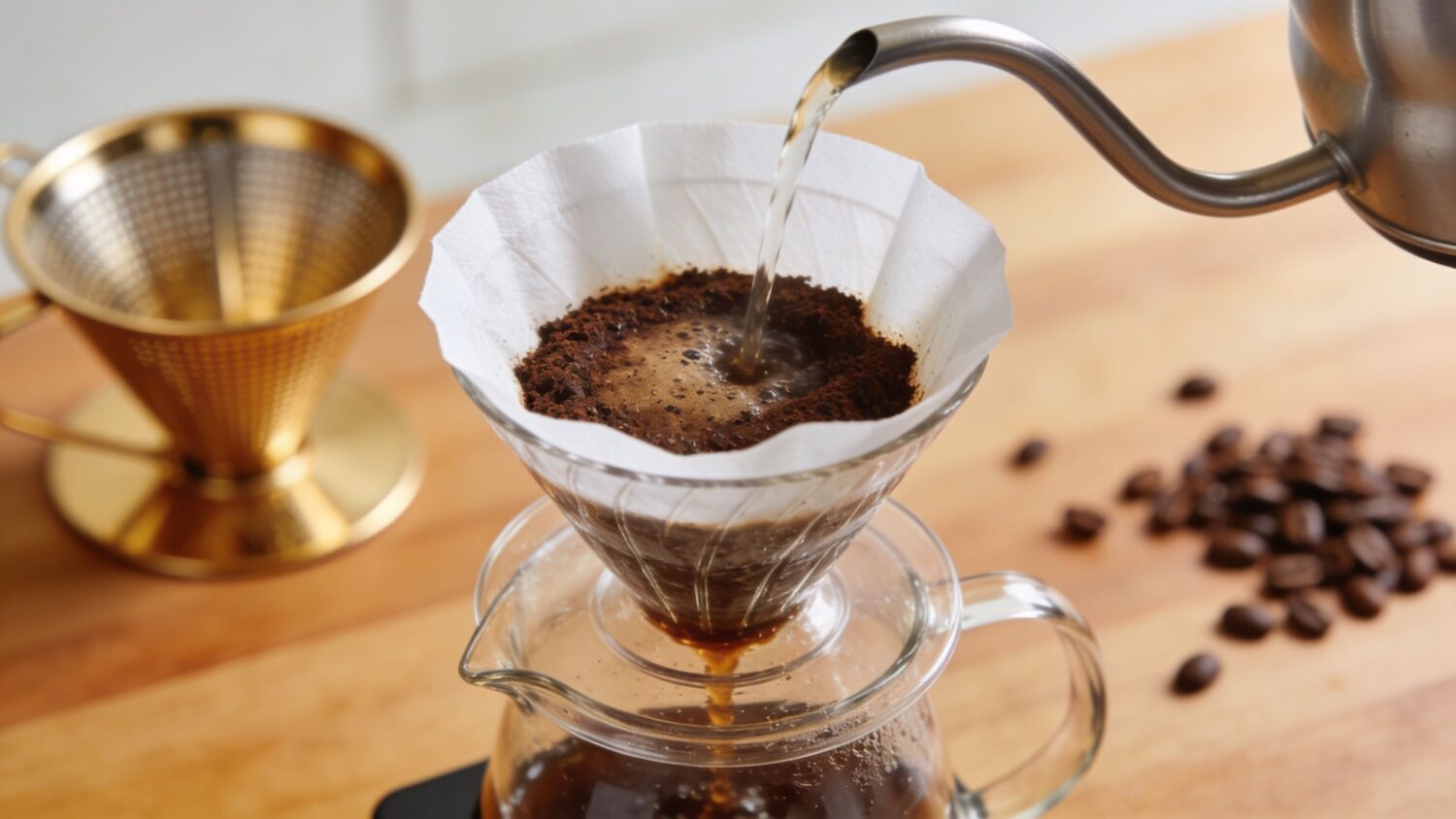 Pouring hot water over coffee grounds in a pour-over coffee maker for brewing fresh coffee.